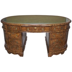 Fine Georgian Style Burl Walnut Oval Partners Desk with Tooled Leather Top