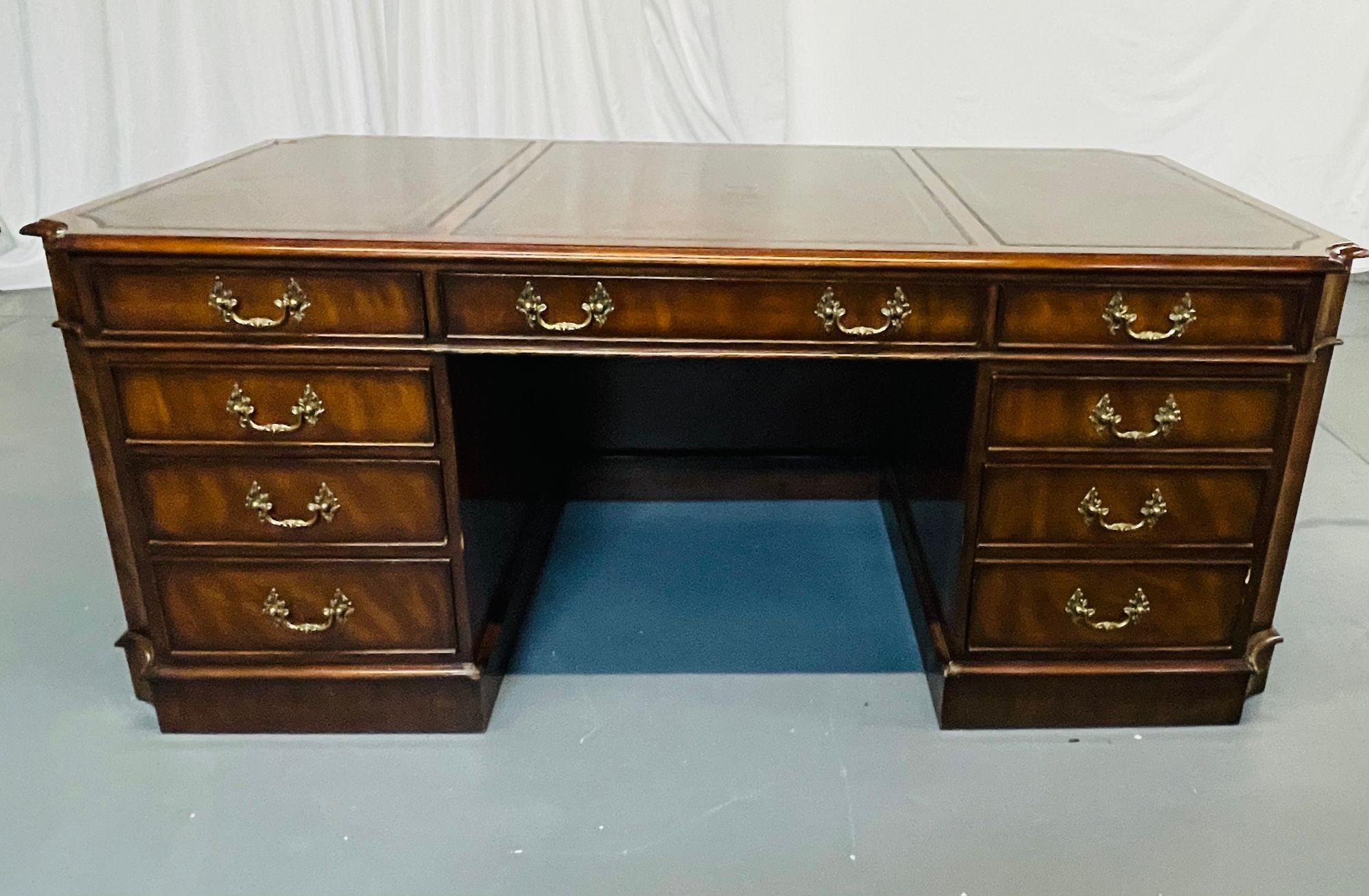 American Fine Georgian Style Partners Desk, Executive Desk, Tooled Leather Top, Baker