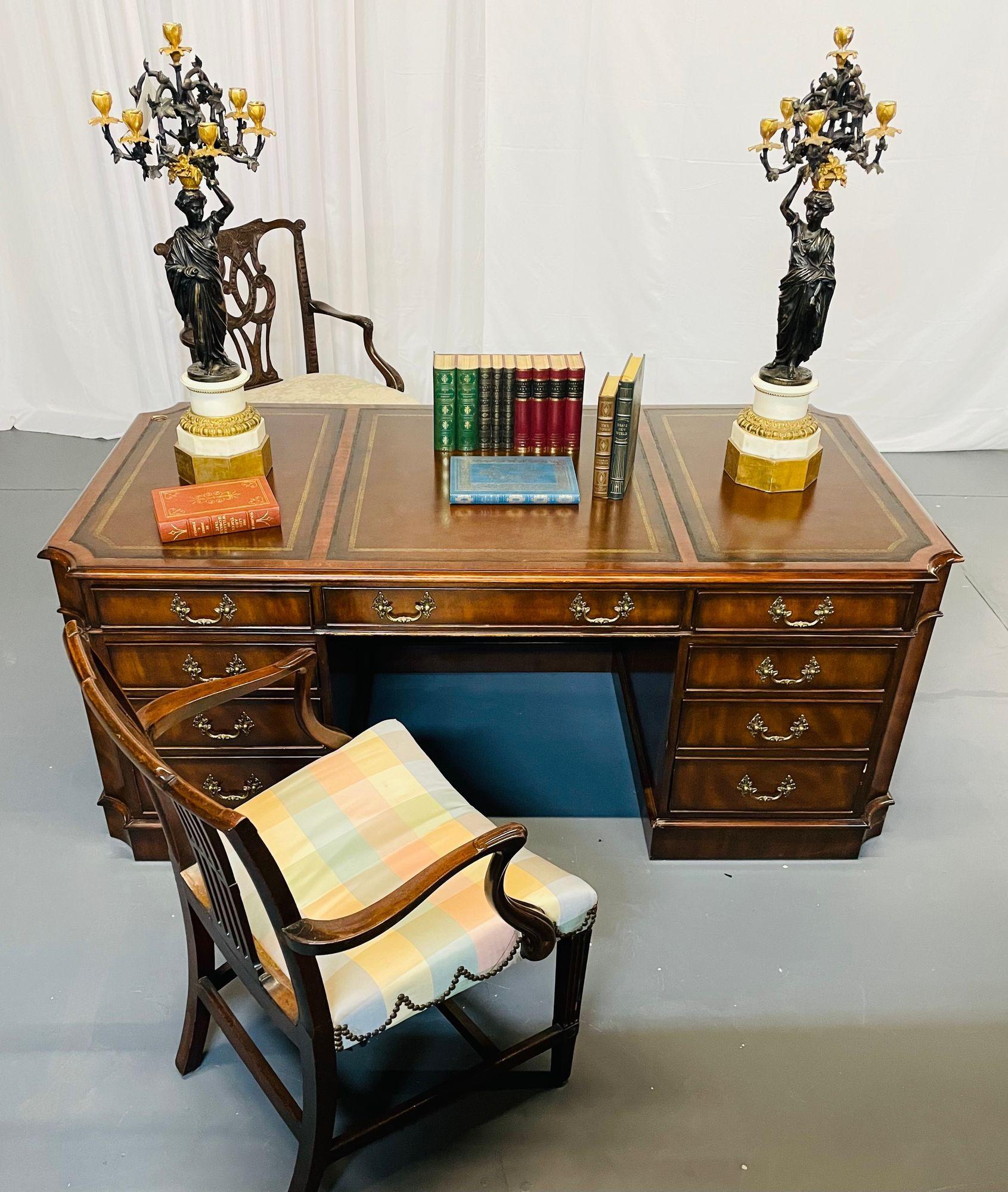 20th Century Fine Georgian Style Partners Desk, Executive Desk, Tooled Leather Top, Baker