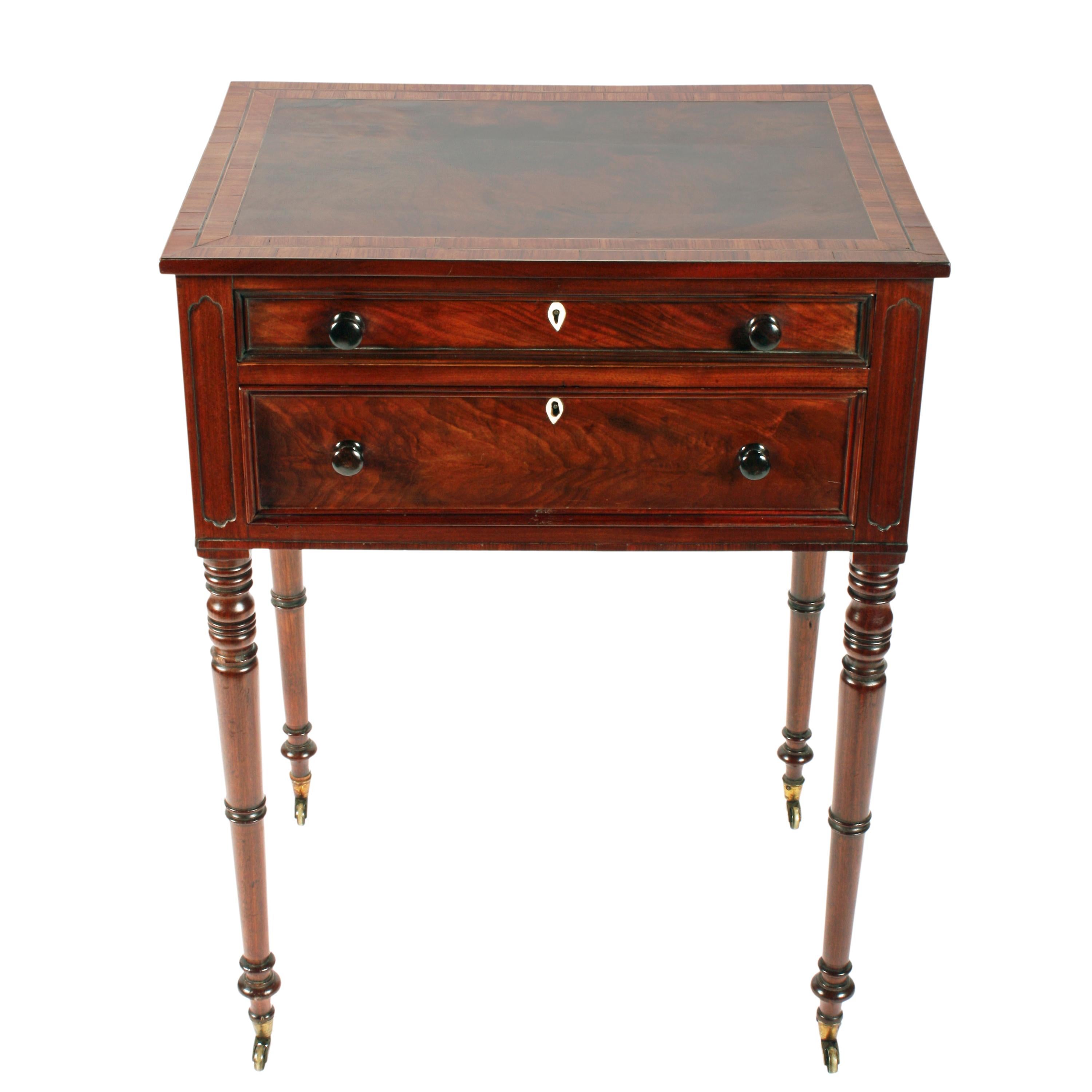 Fine Georgian two-drawer table


A fine Georgian mahogany two-drawer side table.

The table has a double crossbanded top with a kingwood edge and line inlays.

The table stands on slim turned mahogany legs with brass casters.

The drawers