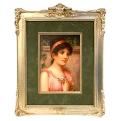 Vintage Fine German Painting on Porcelain of a Garden Muse