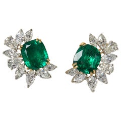 Fine GIA Certified Emerald Diamond Gold Platinum Cluster Ear Clips