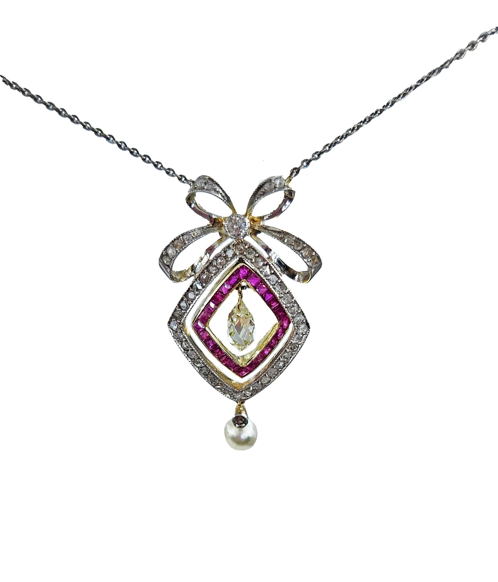Fine GIA Natural Saltwater Pearl Ruby Diamond  Edwardian Platinum Gold Necklace For Sale 13