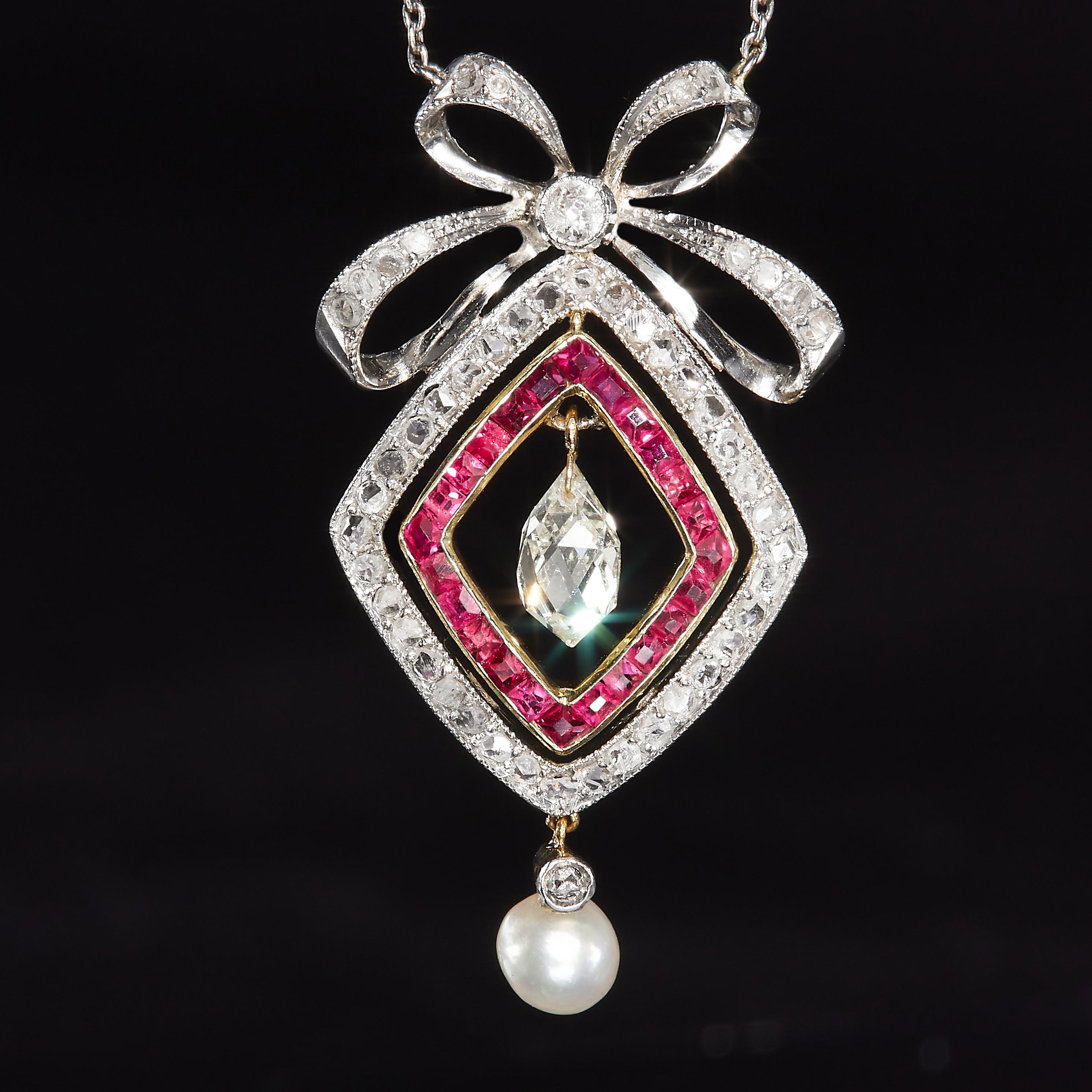 Briolette Cut Fine GIA Natural Saltwater Pearl Ruby Diamond  Edwardian Platinum Gold Necklace For Sale