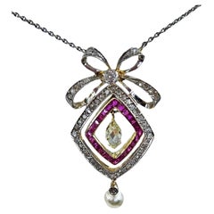 Fine GIA Natural Saltwater Pearl Ruby Diamond  Edwardian Platinum Gold Necklace
