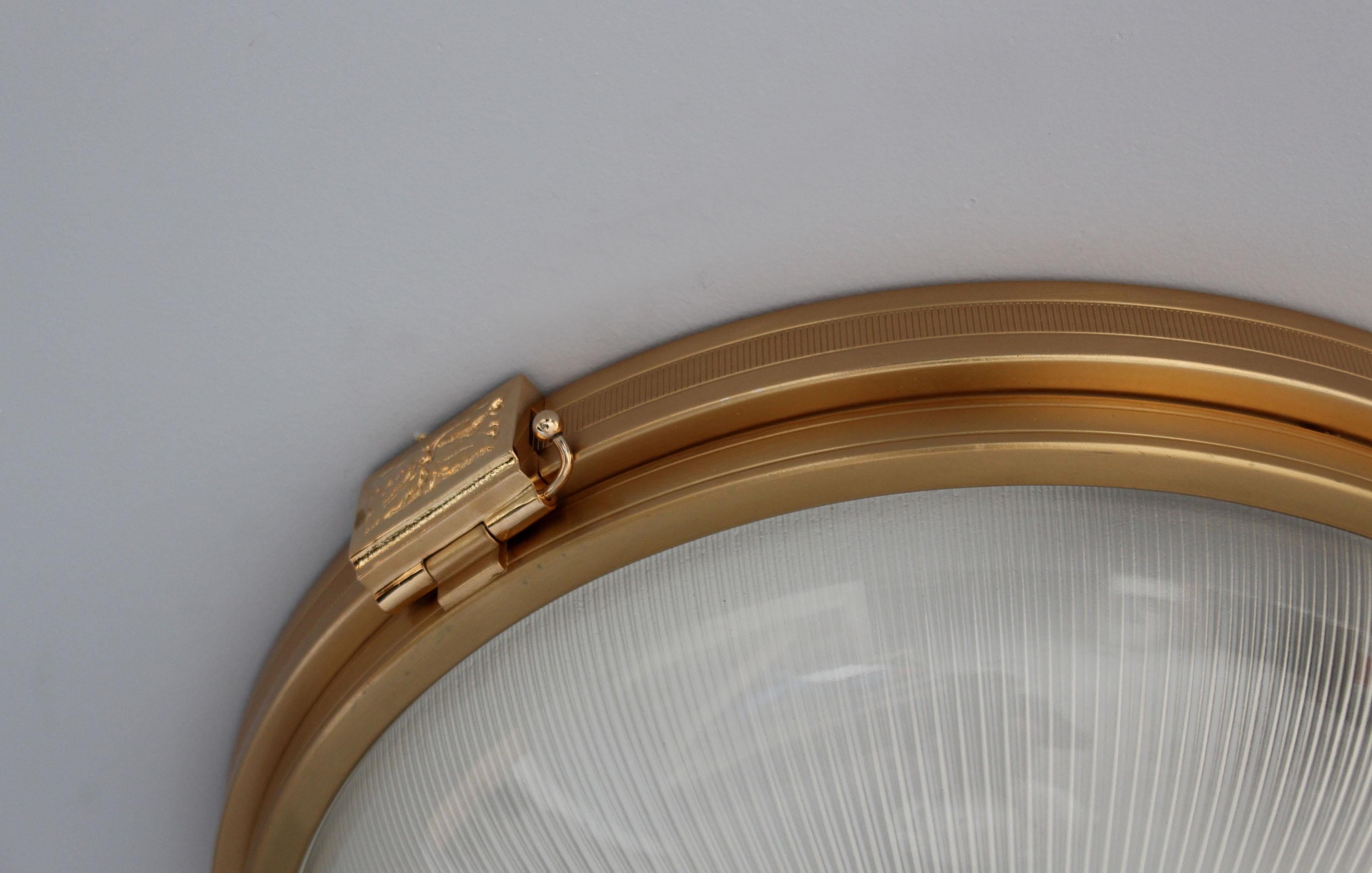 Mid-20th Century Fine Gilded Brass Flush Mounts with Fluted Glass Shades, French, 1940s