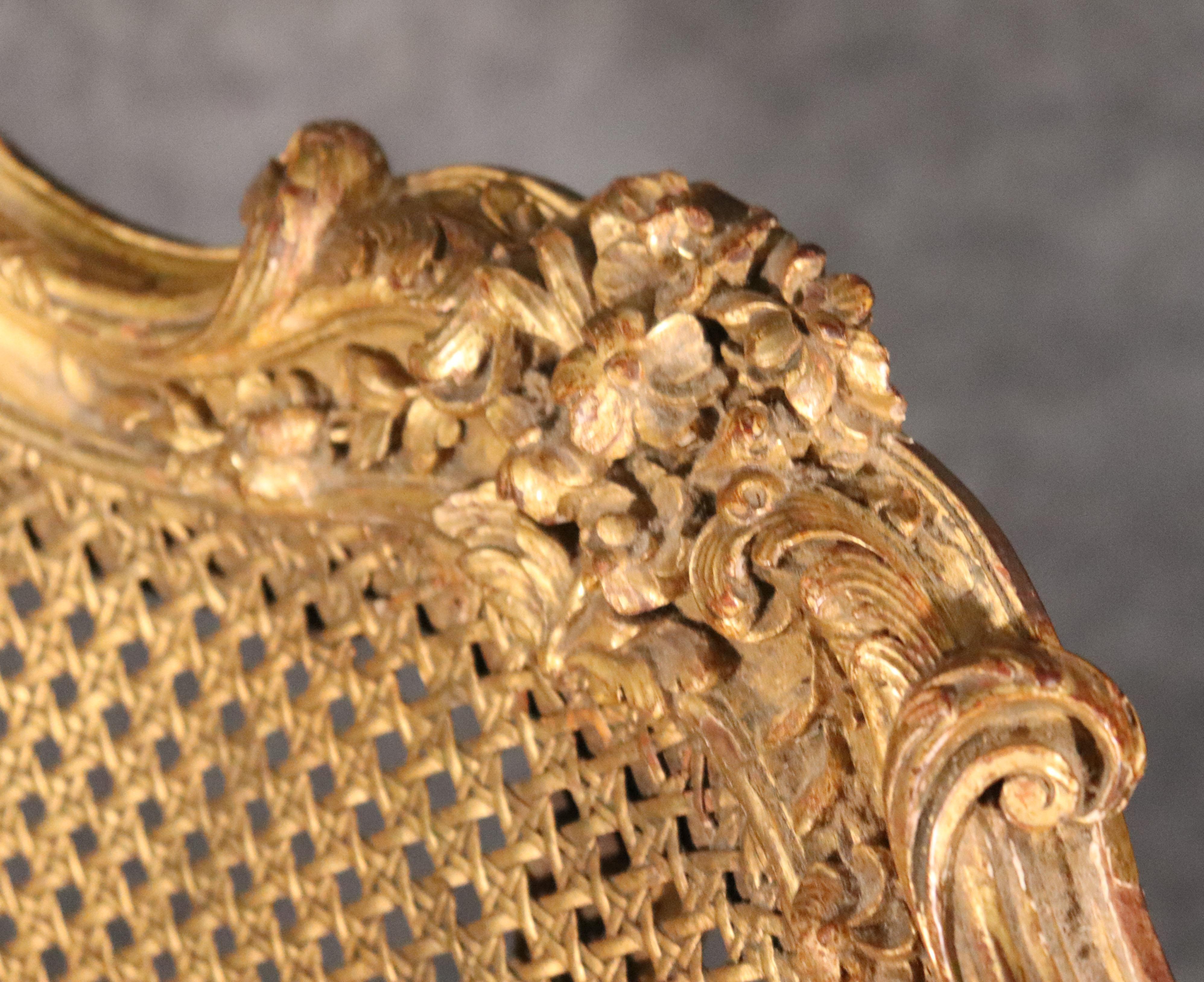 Cane Fine Gilded Carved French Louis XV Chaise Lounge Daybed Recamier, circa 1900