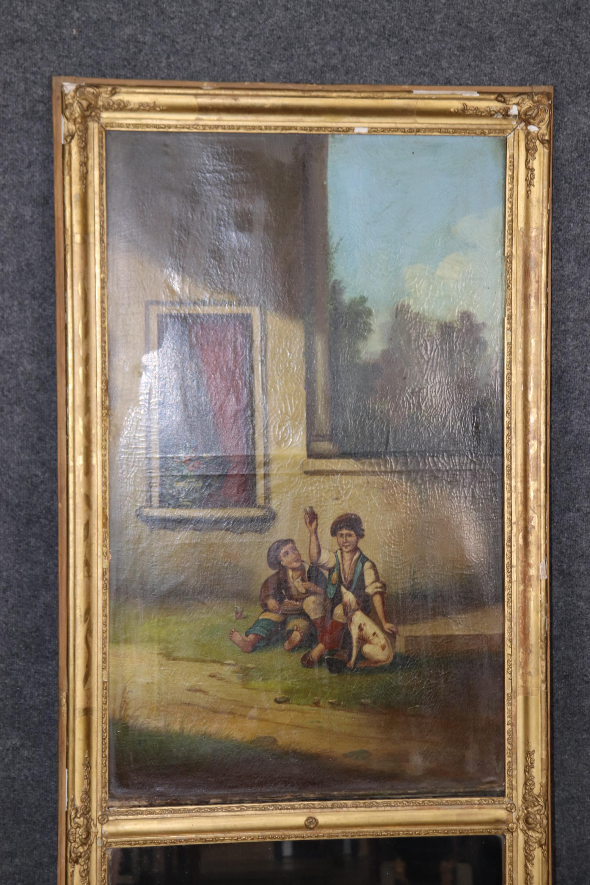 Louis XV   Fine Gilded Painted Trumeau Mirror with Two boys a Dog and their Sandwich For Sale