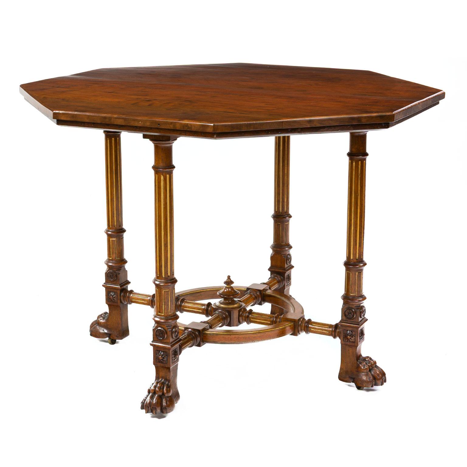 English Fine Gillow & Co Walnut Centre Table with an Octagonal Top and Lion Paw Feet For Sale