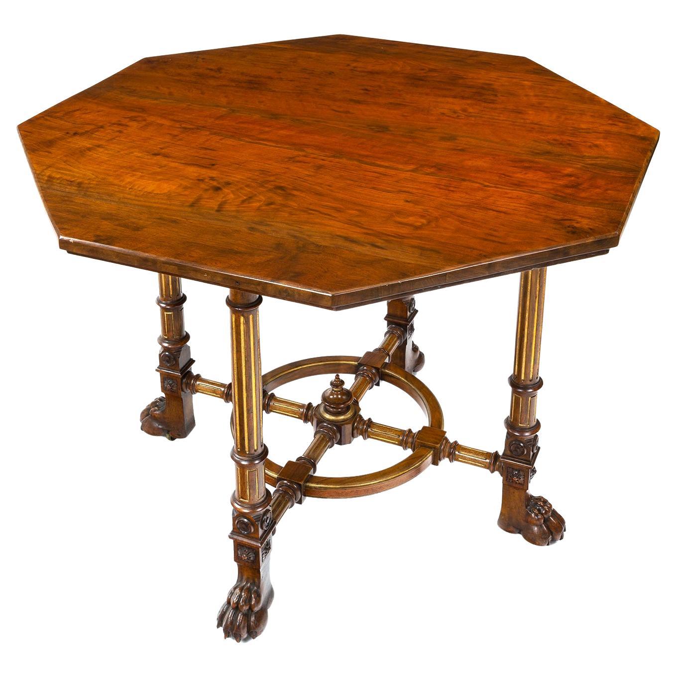 Fine Gillow & Co Walnut Centre Table with an Octagonal Top and Lion Paw Feet For Sale