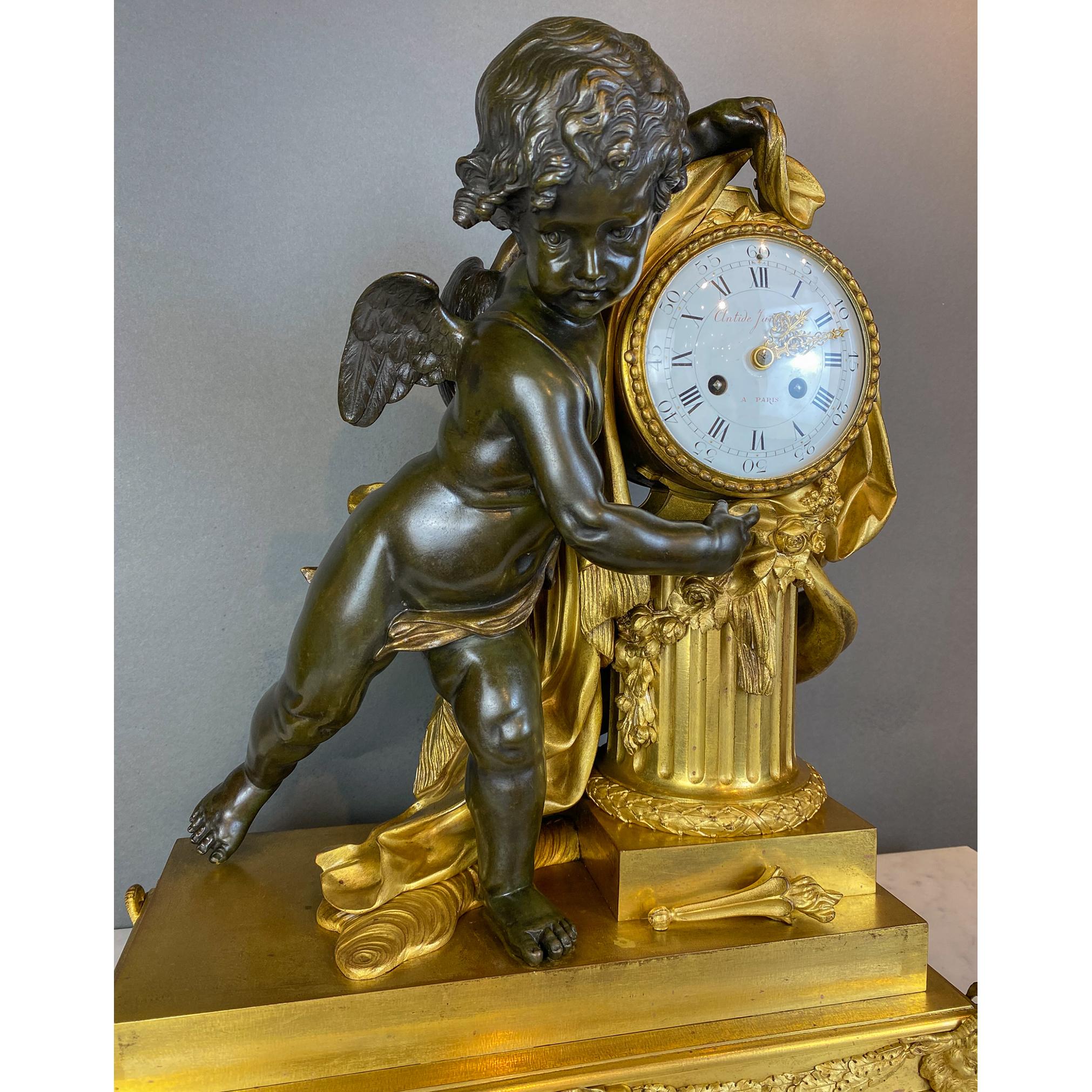 French Fine Gilt and Patinated Bronze Mantel Clock with Putti by A Paris  For Sale