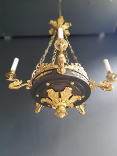 Fine Gilt Antique French Empire Lustre Neoclassical Patina Gilt Brass Chandelier