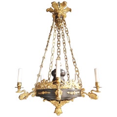 Fine Gilt Antique French Empire Lustre Neoclassical Patina Gilt Brass Chandelier