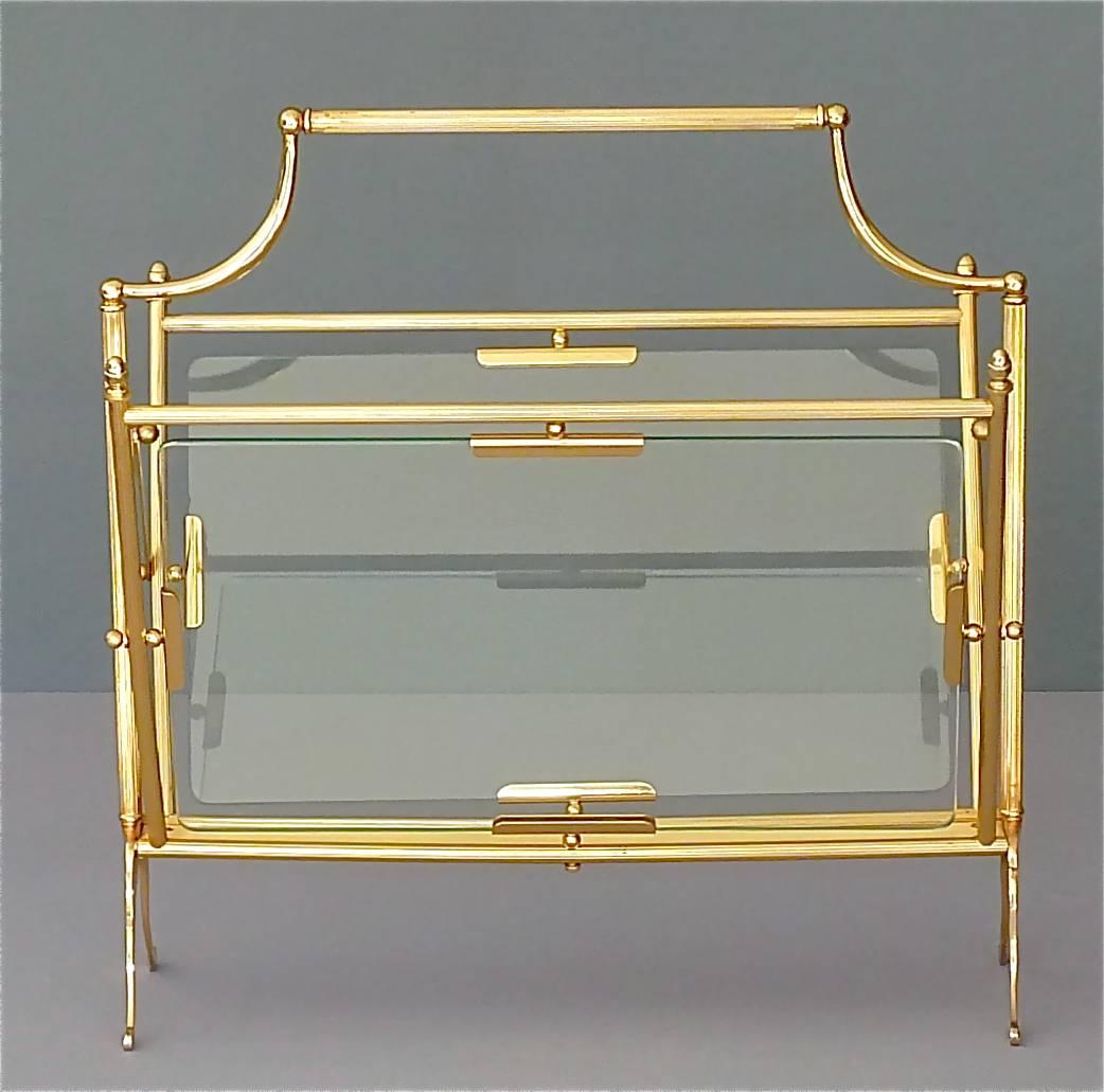 Mid-Century Modern Fine Maison Bagues Magazine Holder Stand Rack Gilt Brass Glass France, 1950s For Sale