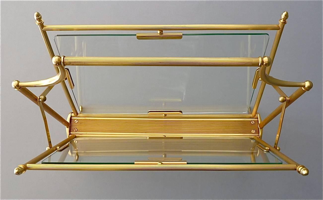 French Fine Maison Bagues Magazine Holder Stand Rack Gilt Brass Glass France, 1950s For Sale