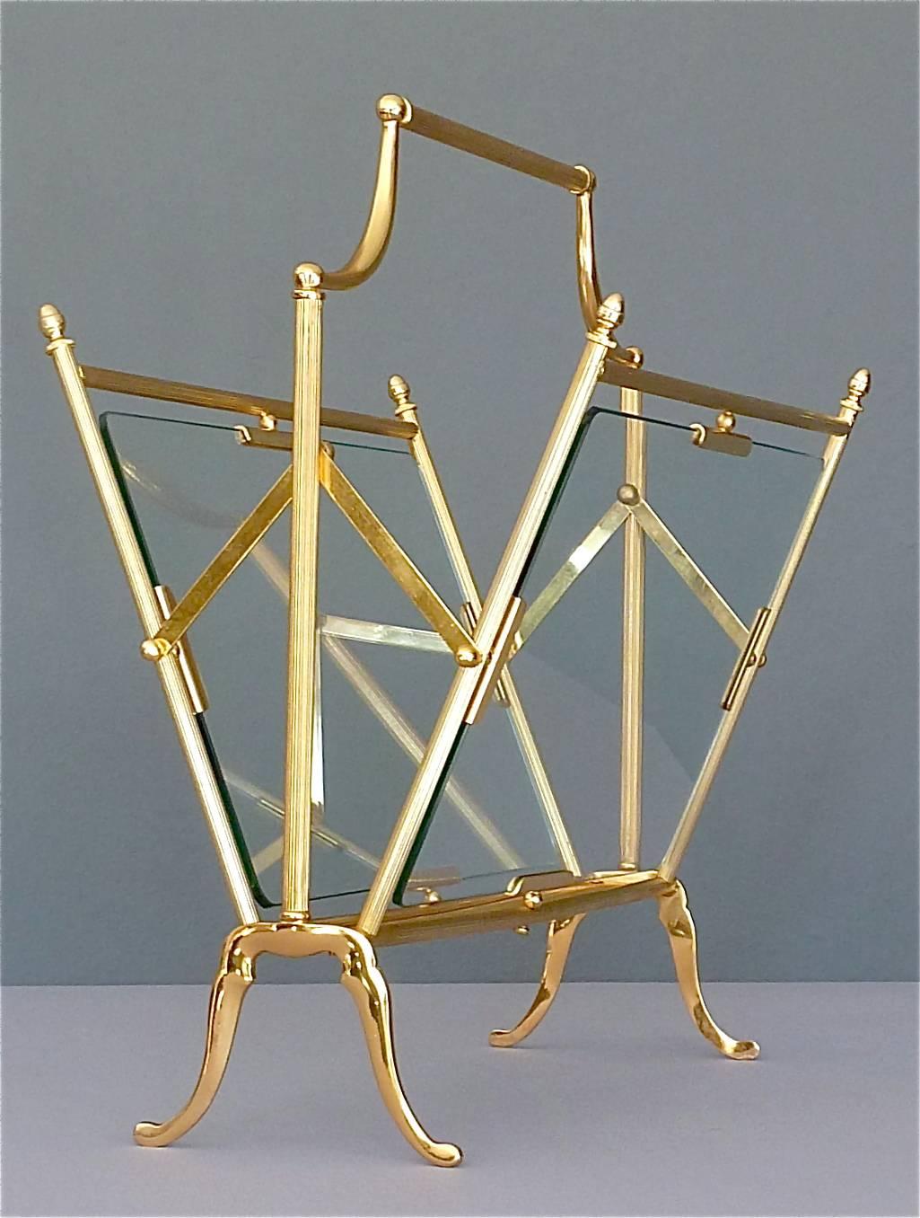 Mid-20th Century Fine Maison Bagues Magazine Holder Stand Rack Gilt Brass Glass France, 1950s For Sale