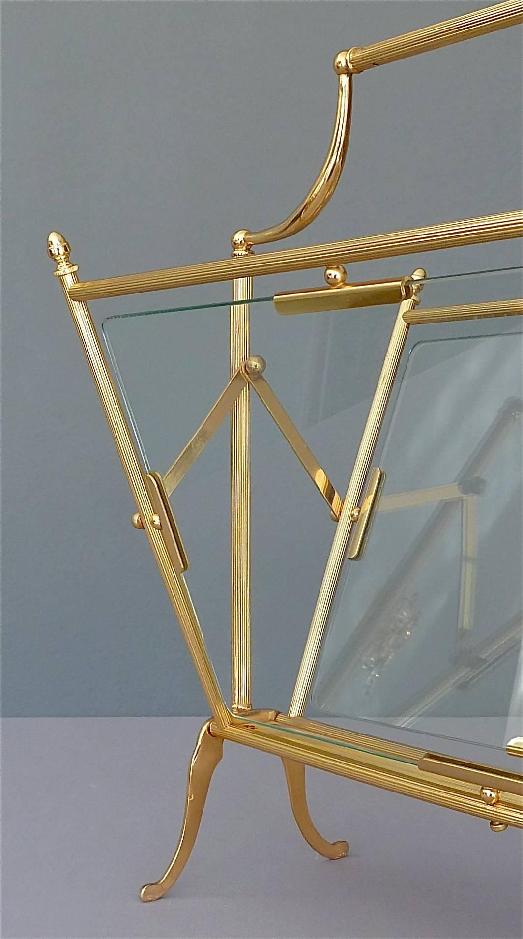 Fine Maison Bagues Magazine Holder Stand Rack Gilt Brass Glass France, 1950s For Sale 3