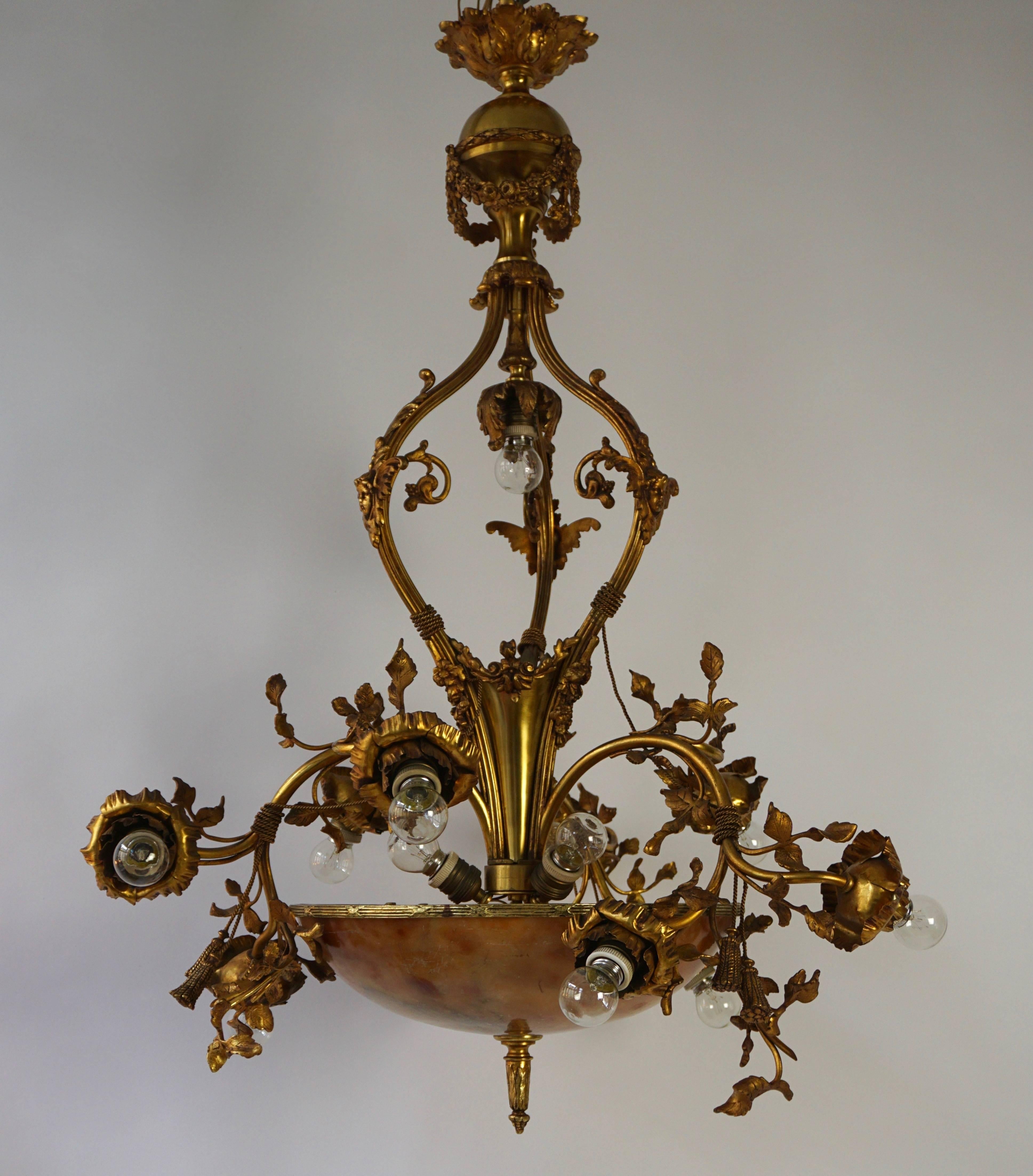 Brass Fine Gilt Bronze and Alabaster Belle Époque Chandelier For Sale
