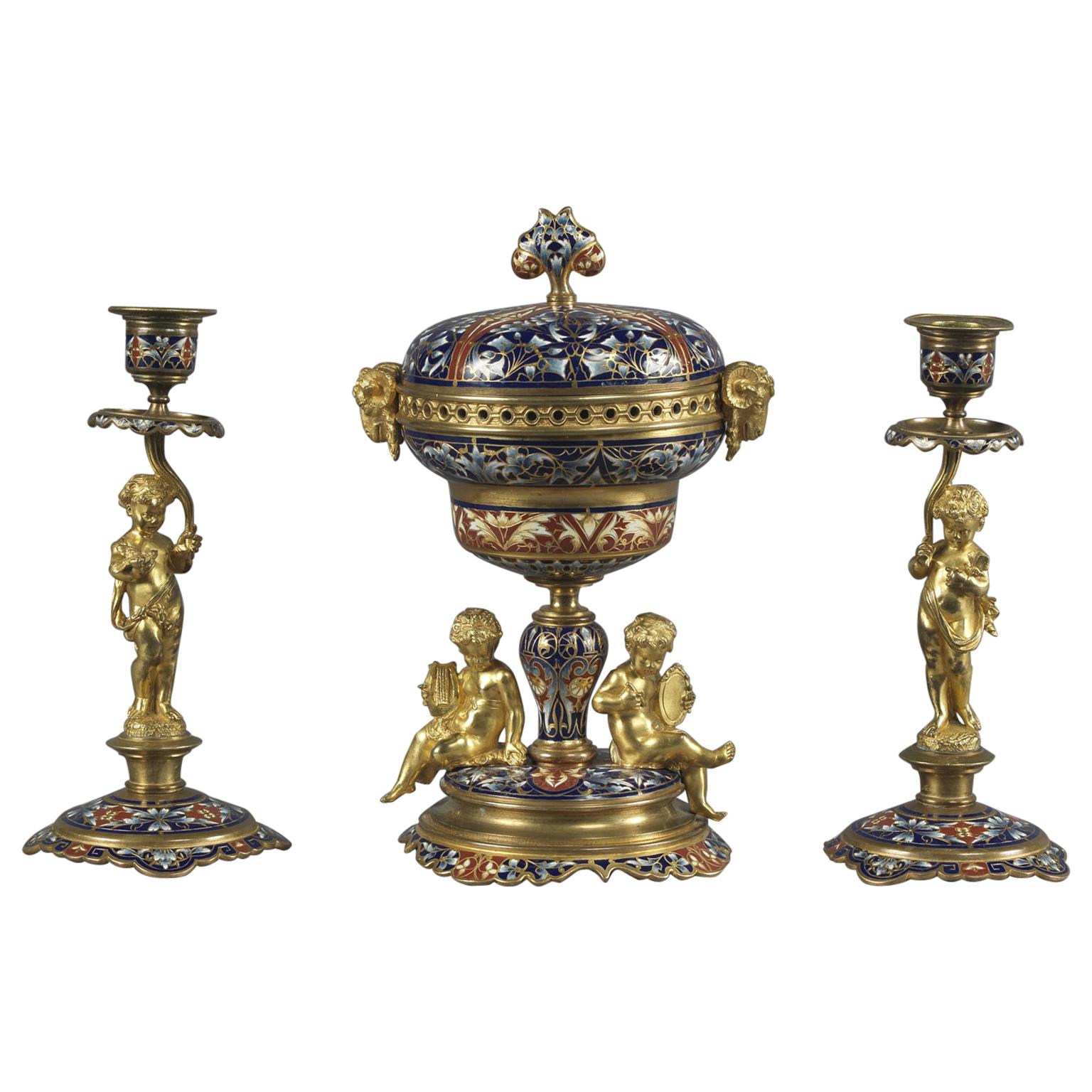 Fine Gilt-Bronze and Champlevé Enamel Garniture Set, circa 1890 For Sale