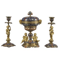 Antique Fine Gilt-Bronze and Champlevé Enamel Garniture Set, circa 1890