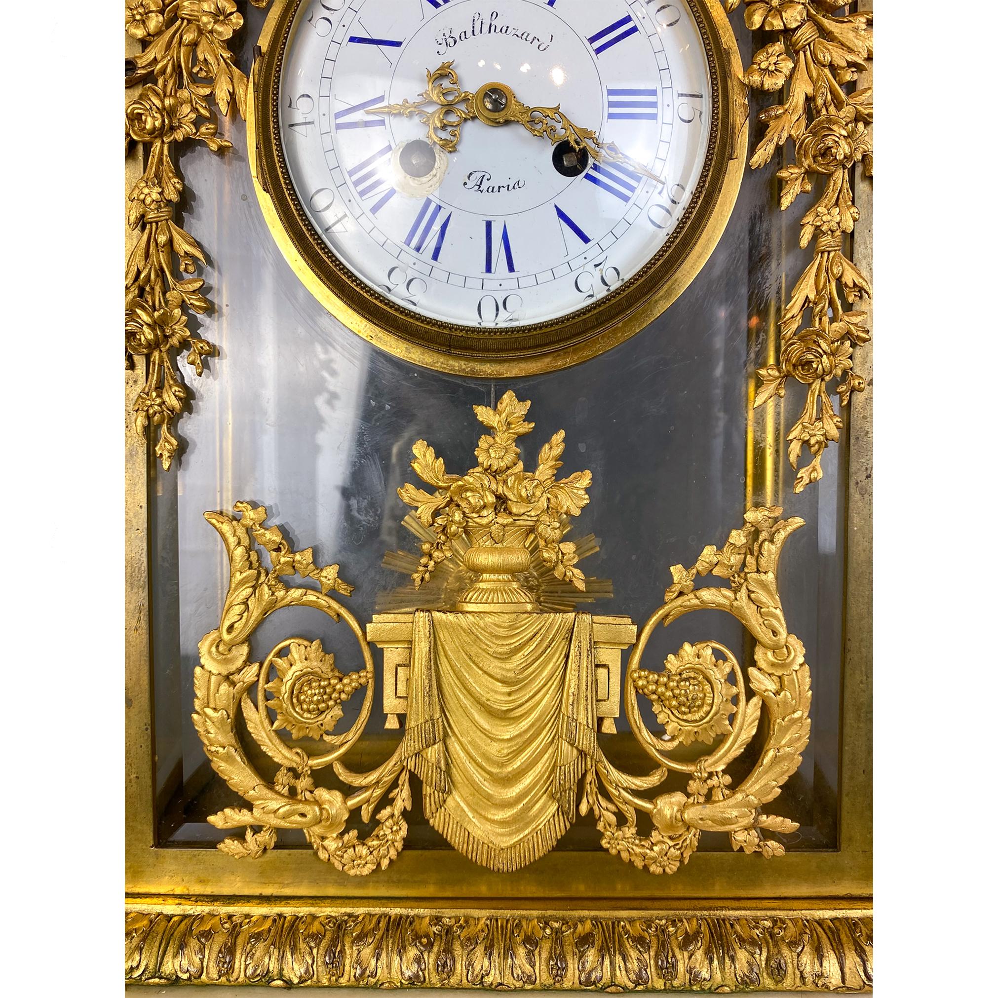 Fine Gilt Bronze and Glass Clock with Sun Pendulum, Floral and Urn Details For Sale 1