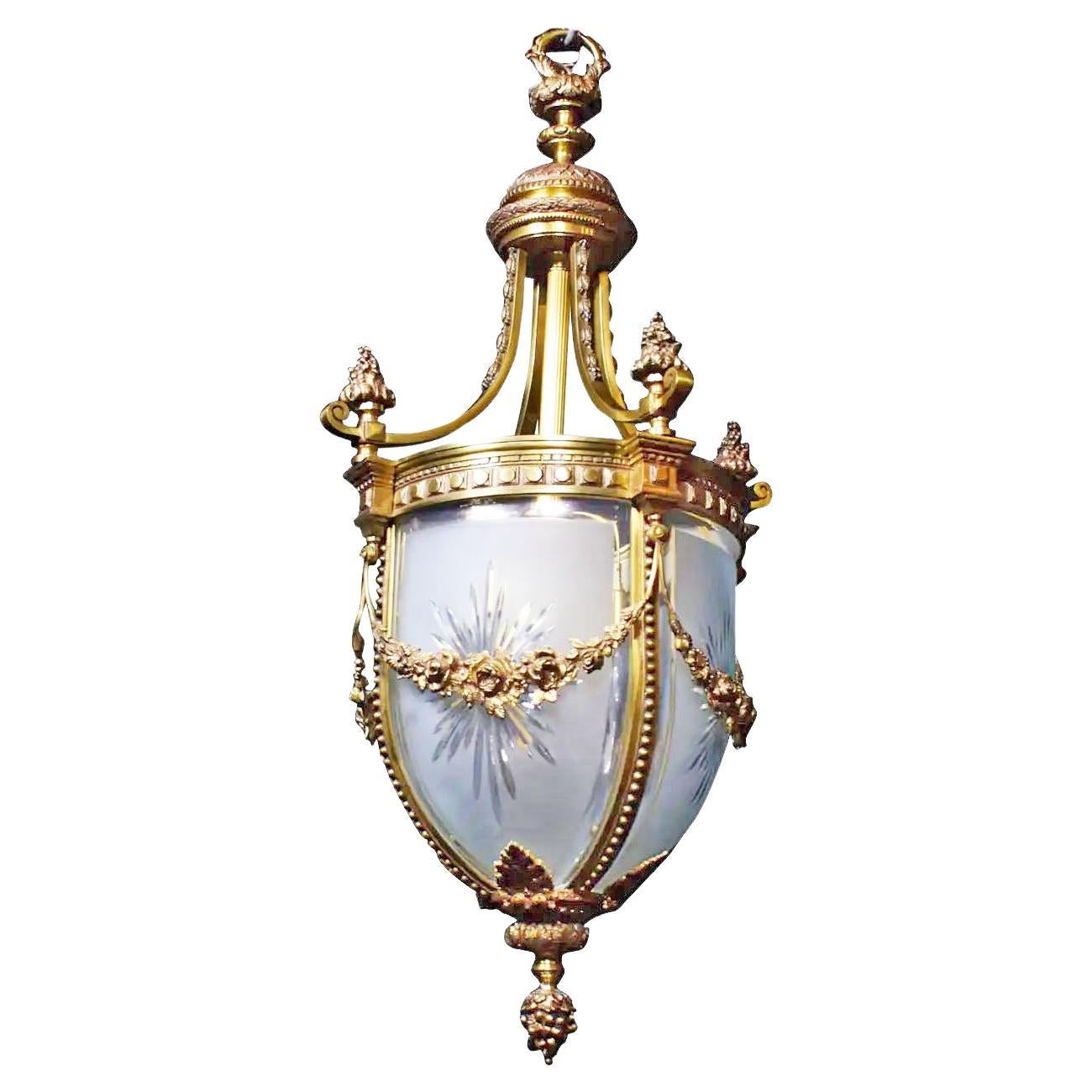 Fine Gilt Bronze Lantern with Handcut and Beveled Curved Crystal Panels For Sale