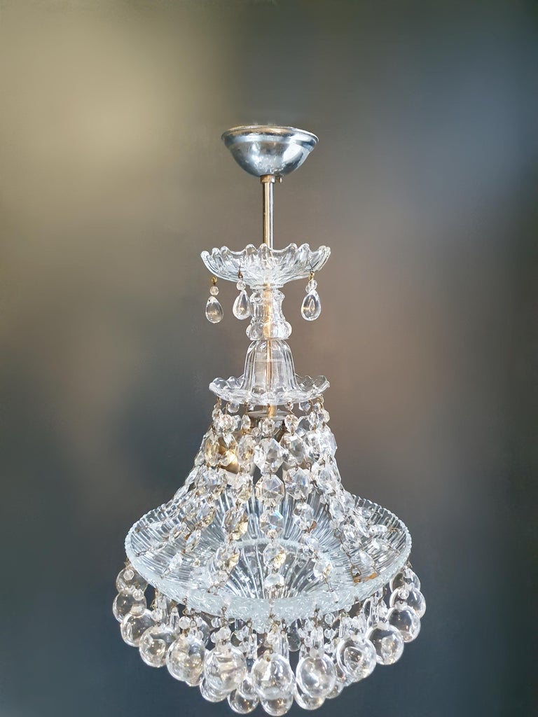 Mid-20th Century Fine Glass Chandelier Crystal Lustre Ceiling Lamp Antique Art Deco Chrome Silver For Sale