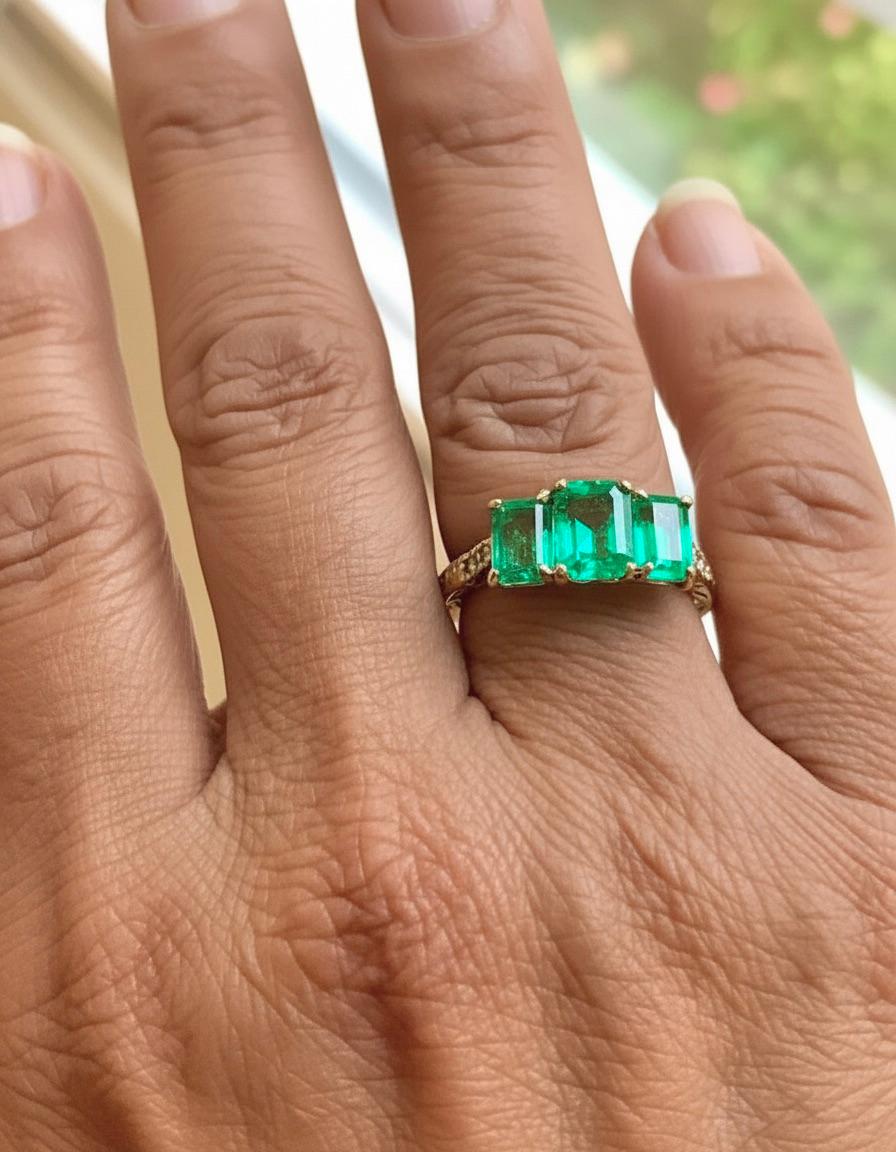 Taille émeraude Bague à trois pierres en or jaune 18 carats avec émeraude de Colombie de 3,10 carats en vente