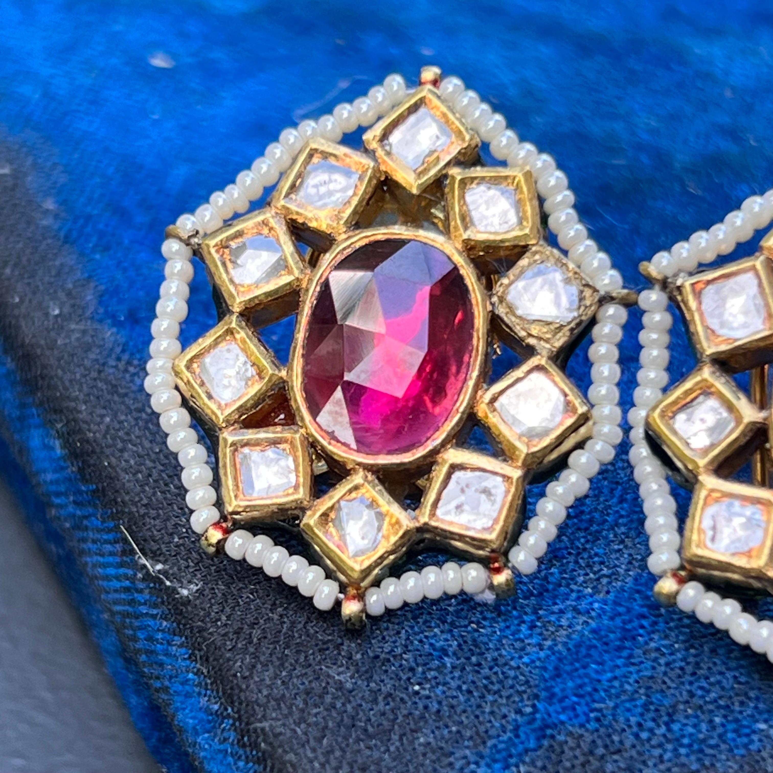 Fine Gold Antique Mughal Piece Tourmaline Diamond Earrings For Sale 5