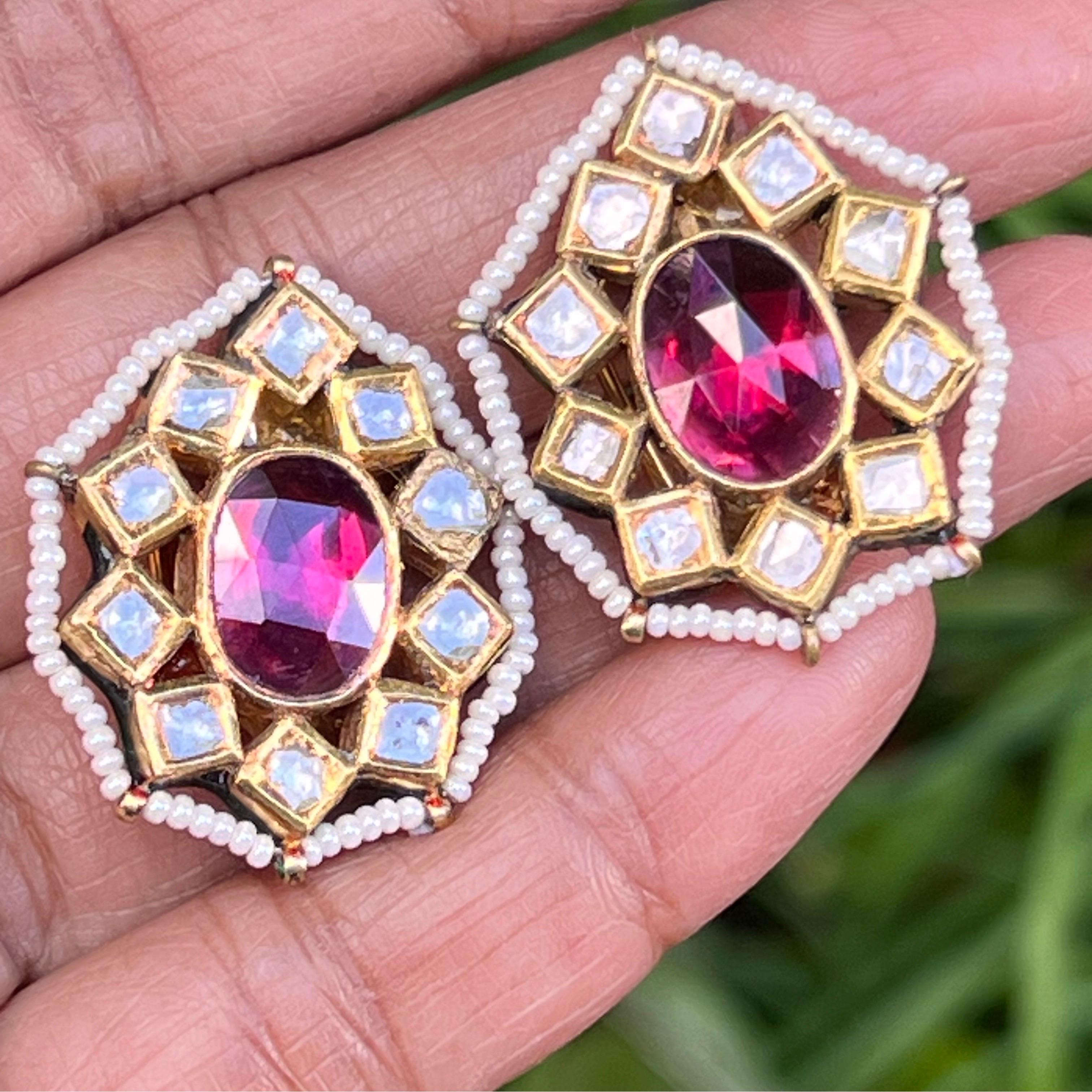 Fine Gold Antique Mughal Piece Tourmaline Diamond Earrings For Sale 7