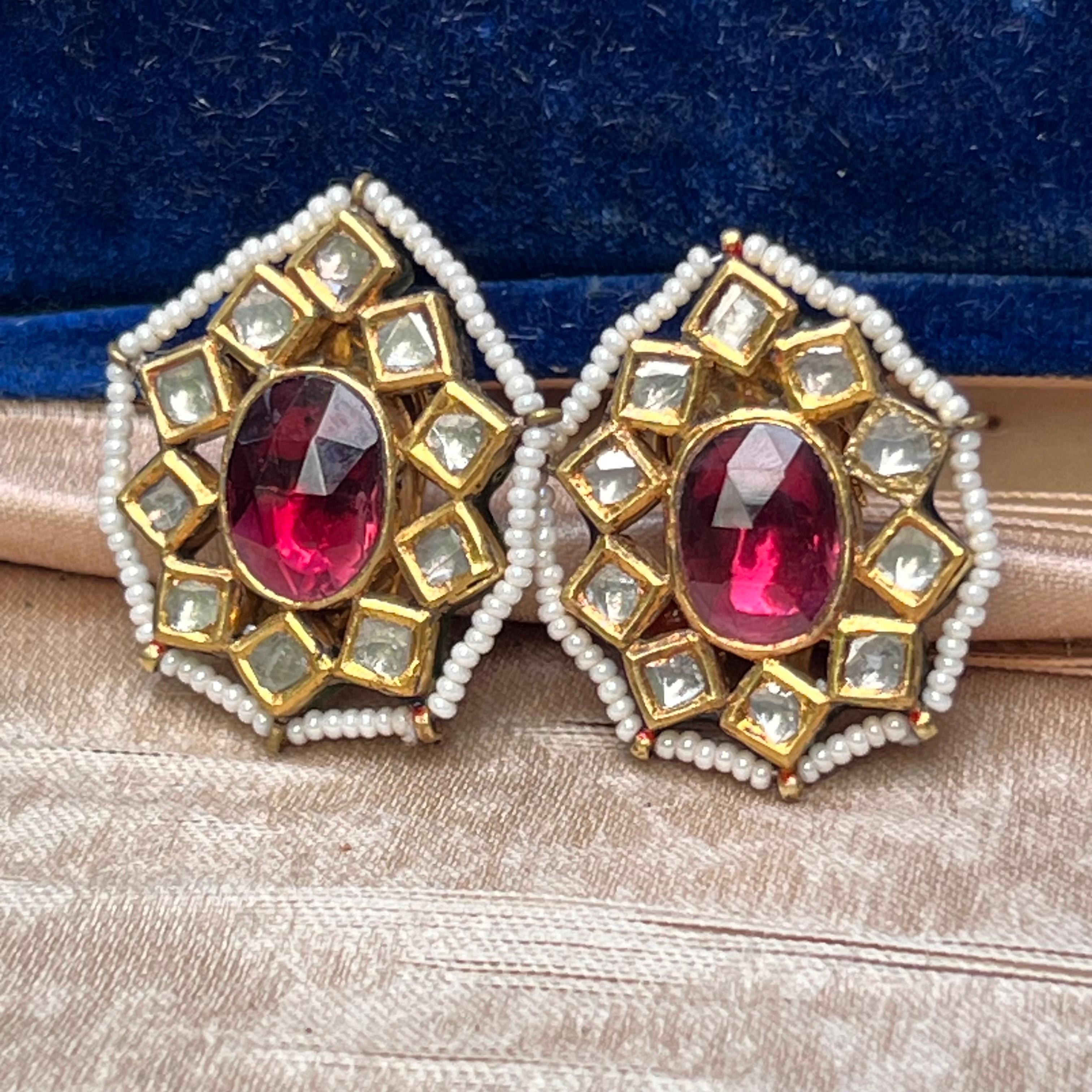 ABSOLUTELY STUNNING LARGE ~ Mughal / Mogul 18kt gold piece turned into a wearable art / button earrings  featuring 10 old cut  diamond and a large faceted Tourmaline on each earrings .
Earring  back is also very beautifully made with multi colored