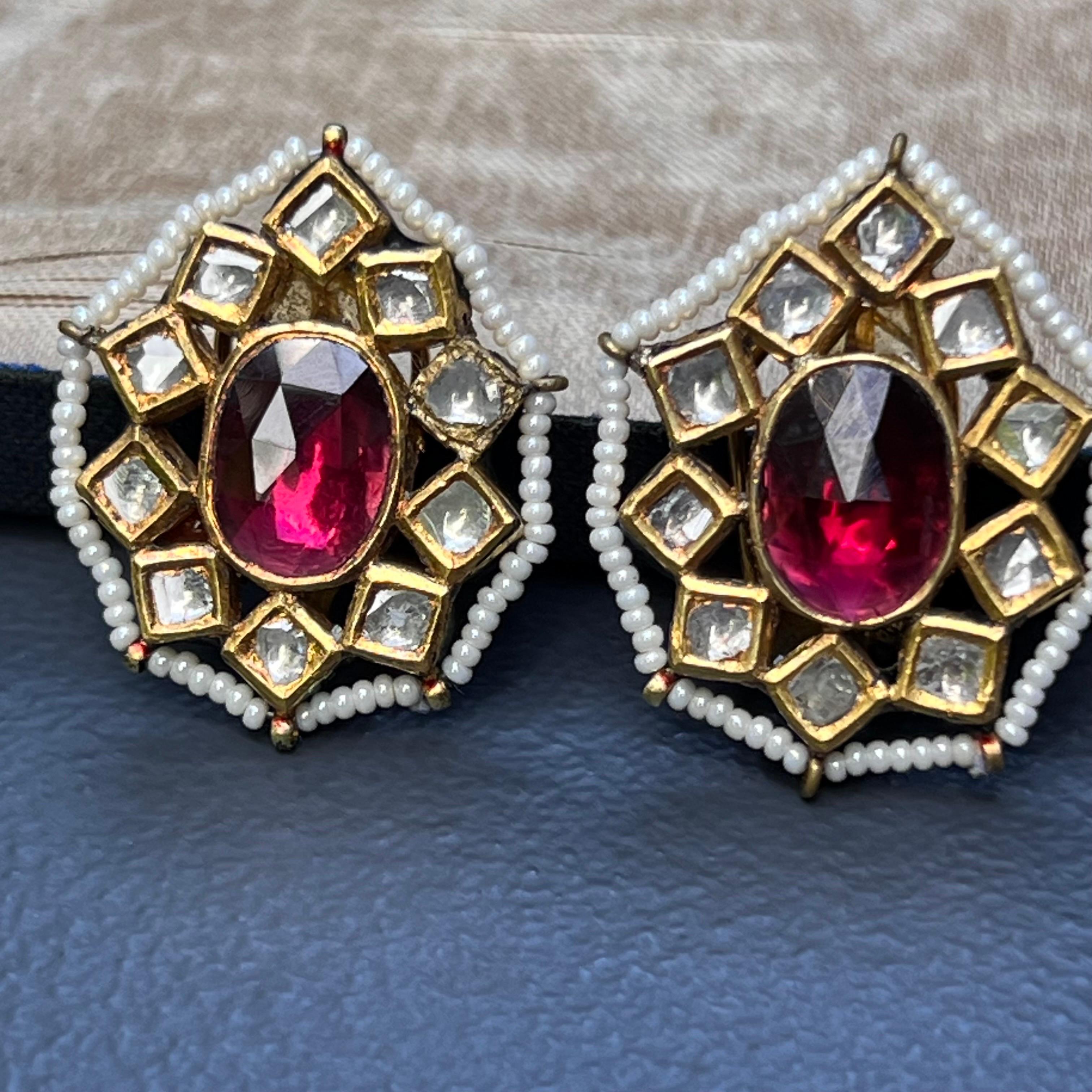 Old Mine Cut Fine Gold Antique Mughal Piece Tourmaline Diamond Earrings For Sale