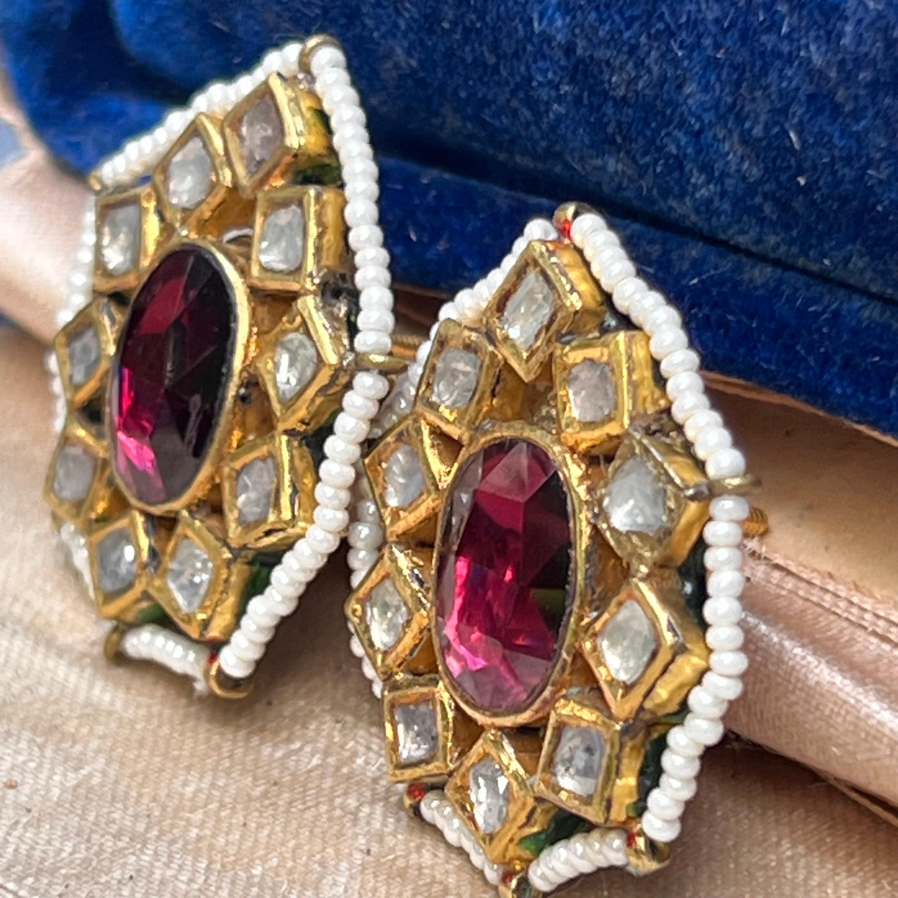 Women's Fine Gold Antique Mughal Piece Tourmaline Diamond Earrings For Sale