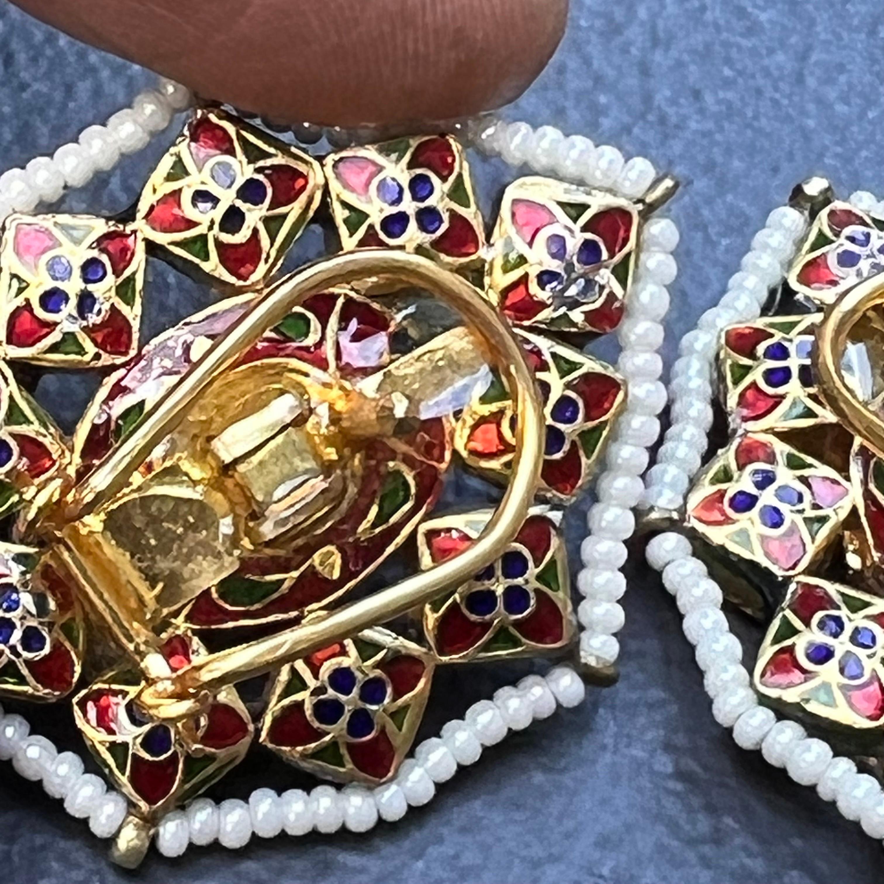 Fine Gold Antique Mughal Piece Tourmaline Diamond Earrings For Sale 4