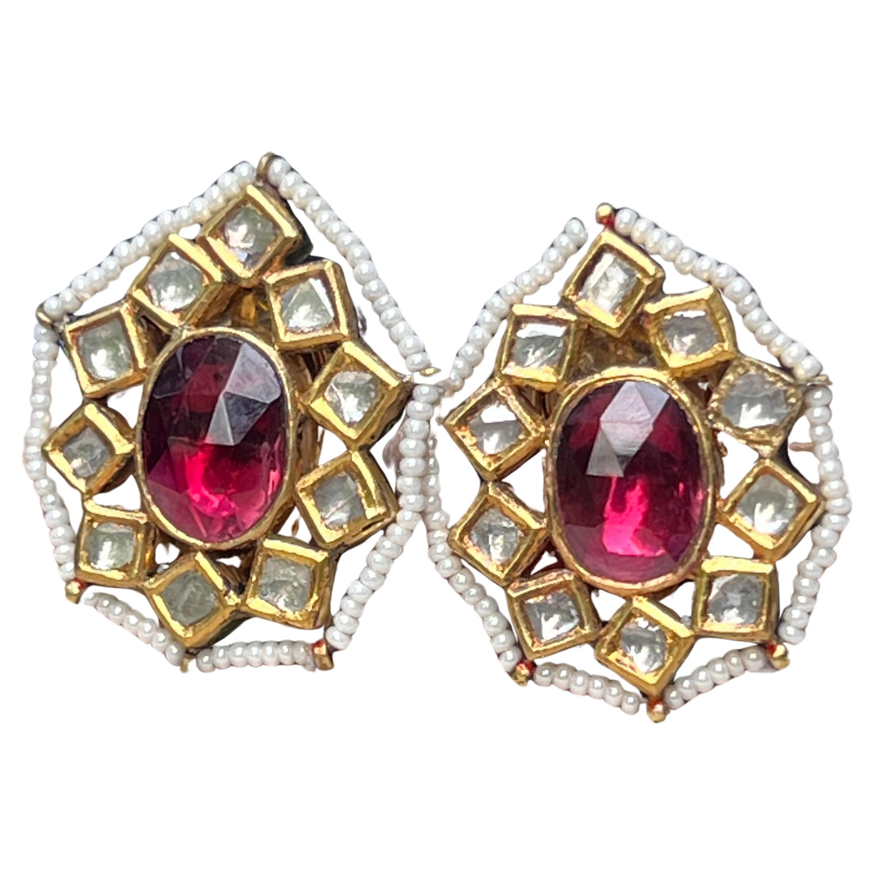 Fine Gold Antique Mughal Piece Tourmaline Diamond Earrings For Sale