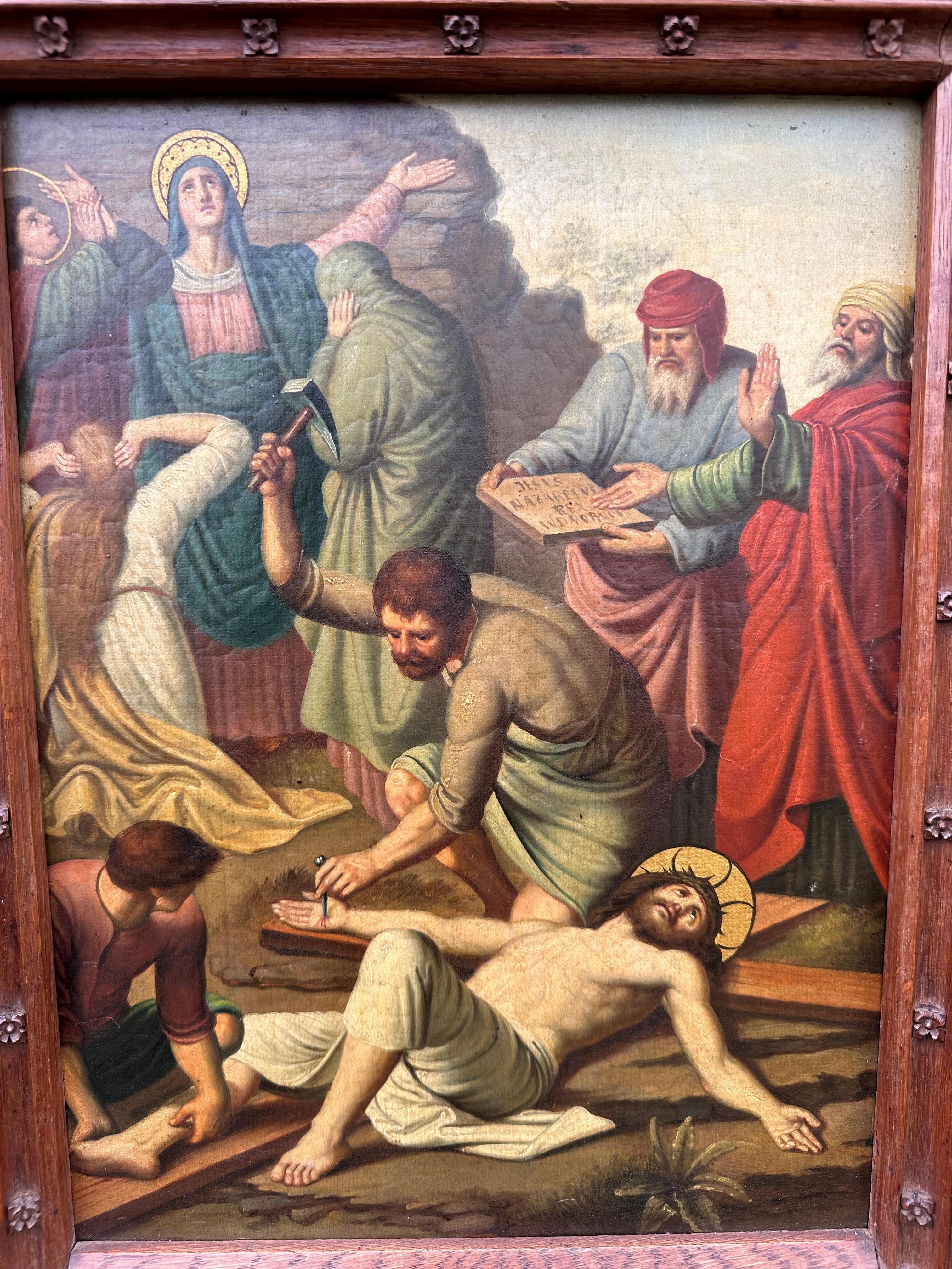 Feines gotisches Gemälde / 11. Station Kreuzigung, Jesus ist zum Kreuz gekreuzt im Angebot 3