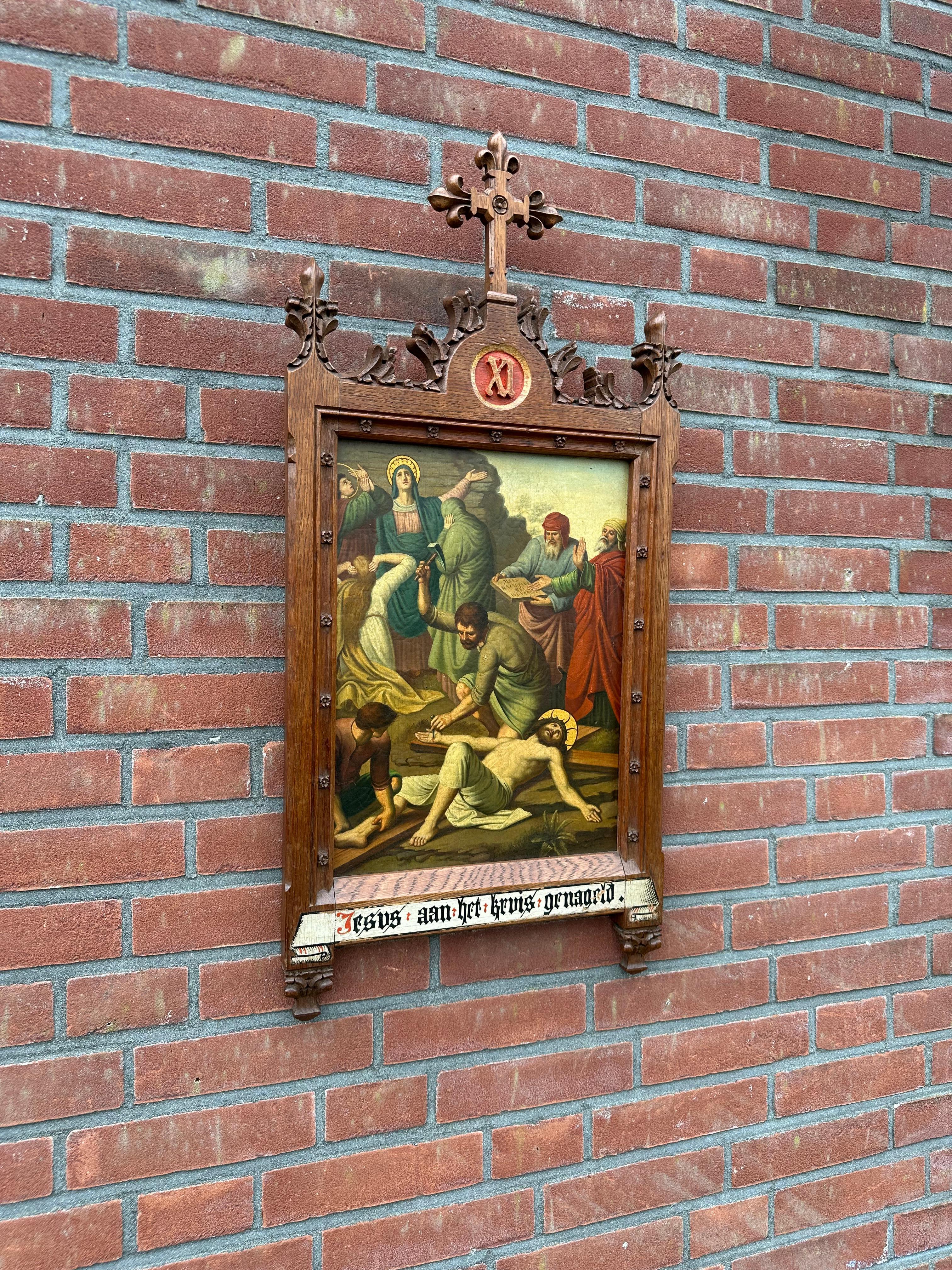Fine Gothic Painting / 11th Station Crucifixion, Jesus is Nailed to the Cross For Sale 10