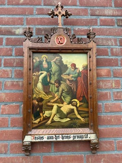 Fine Gothic Painting / 11th Station Crucifixion, Jesus is Nailed to the Cross