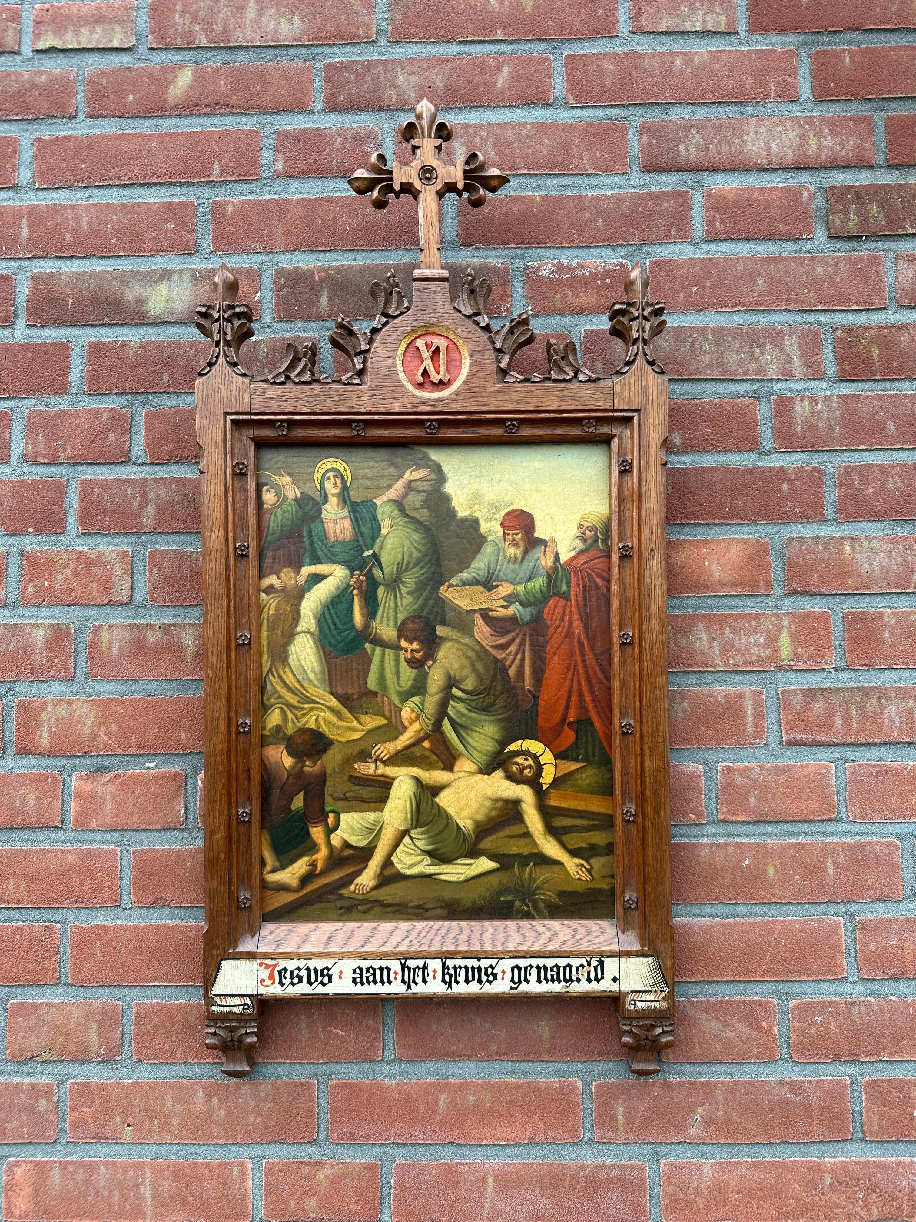 Gothic Revival Fine Gothic Painting / 11th Station Crucifixion, Jesus is Nailed to the Cross For Sale
