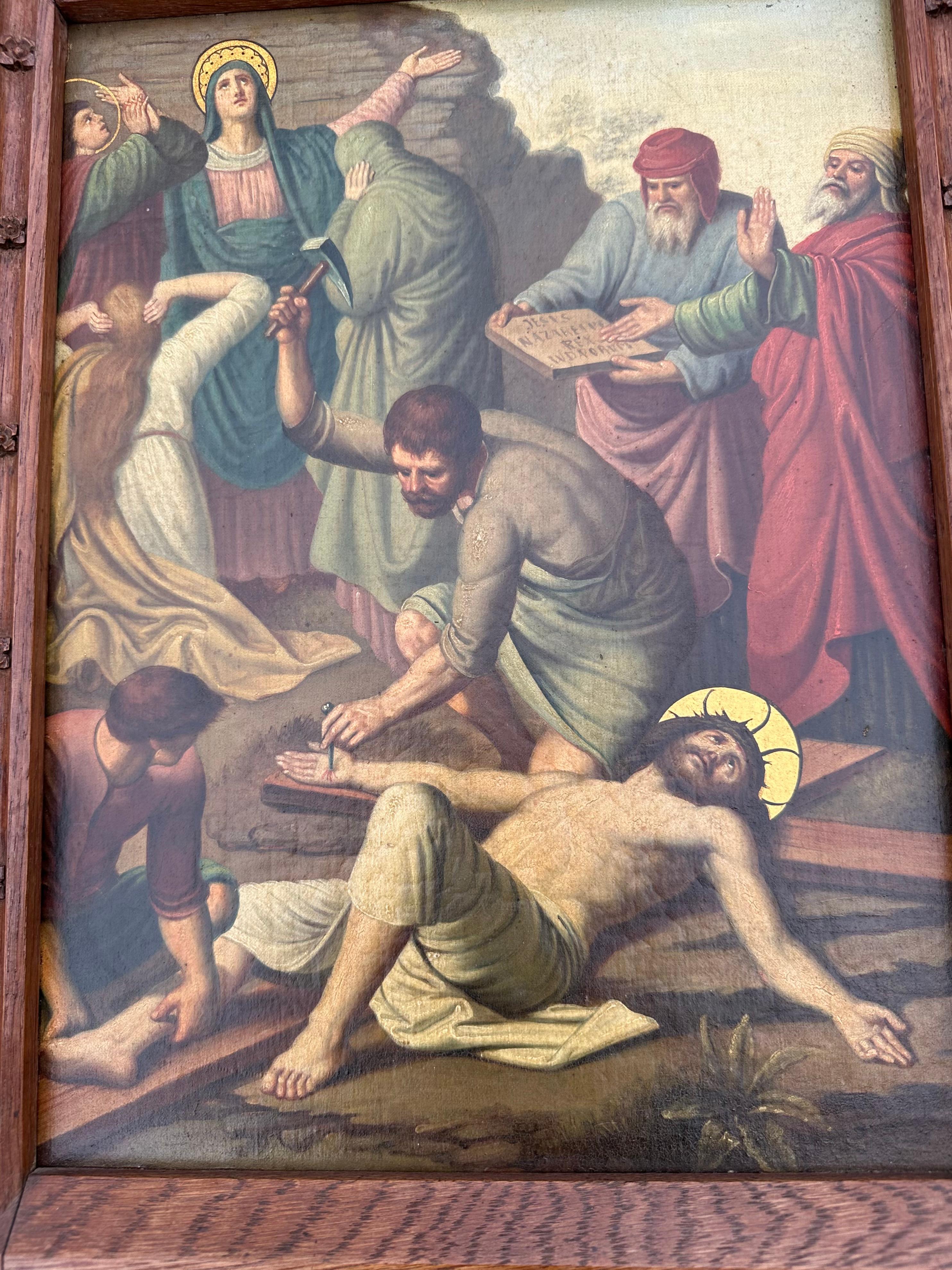European Fine Gothic Painting / 11th Station Crucifixion, Jesus is Nailed to the Cross For Sale