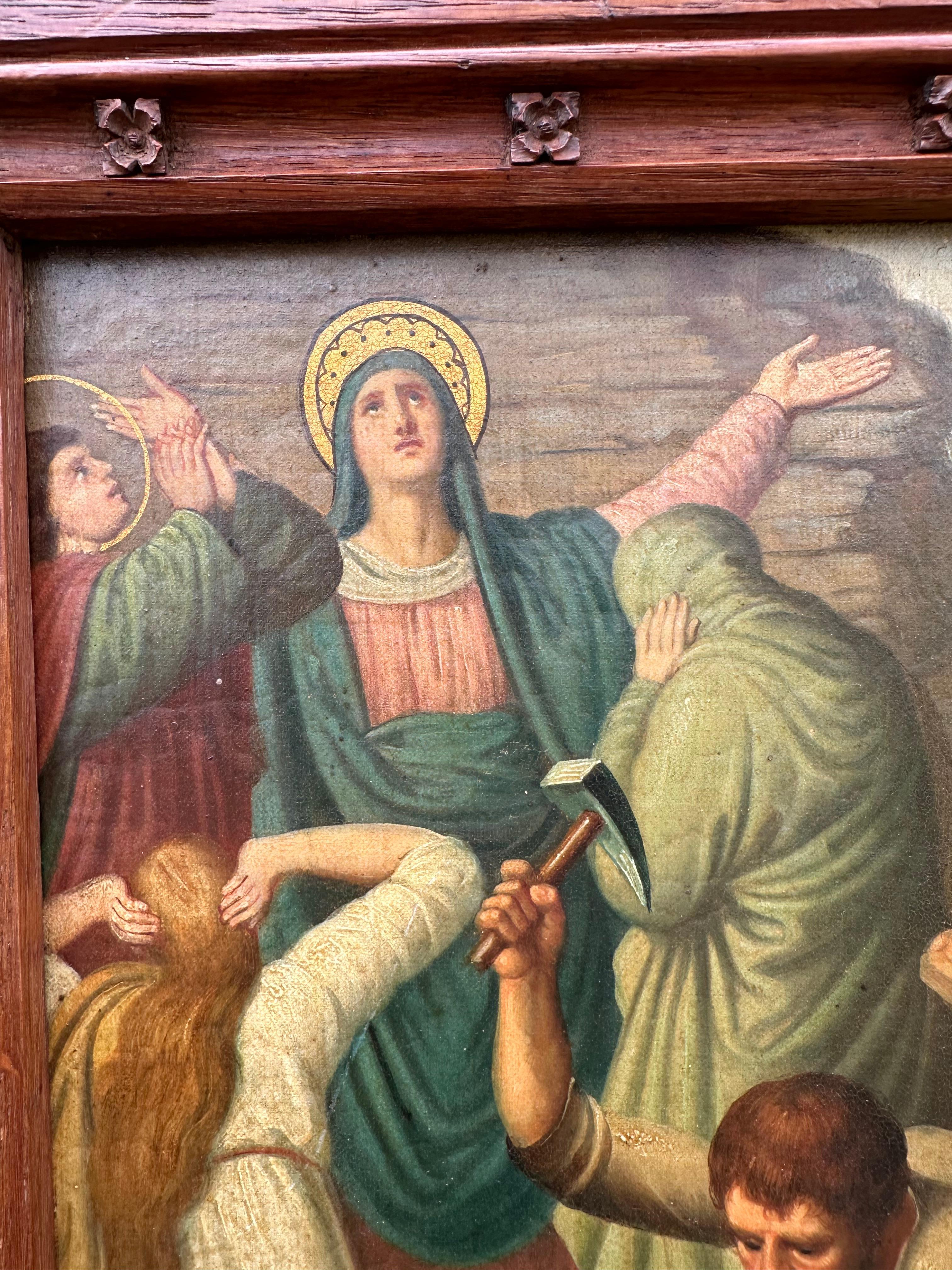 Feines gotisches Gemälde / 11. Station Kreuzigung, Jesus ist zum Kreuz gekreuzt im Zustand „Gut“ im Angebot in Lisse, NL