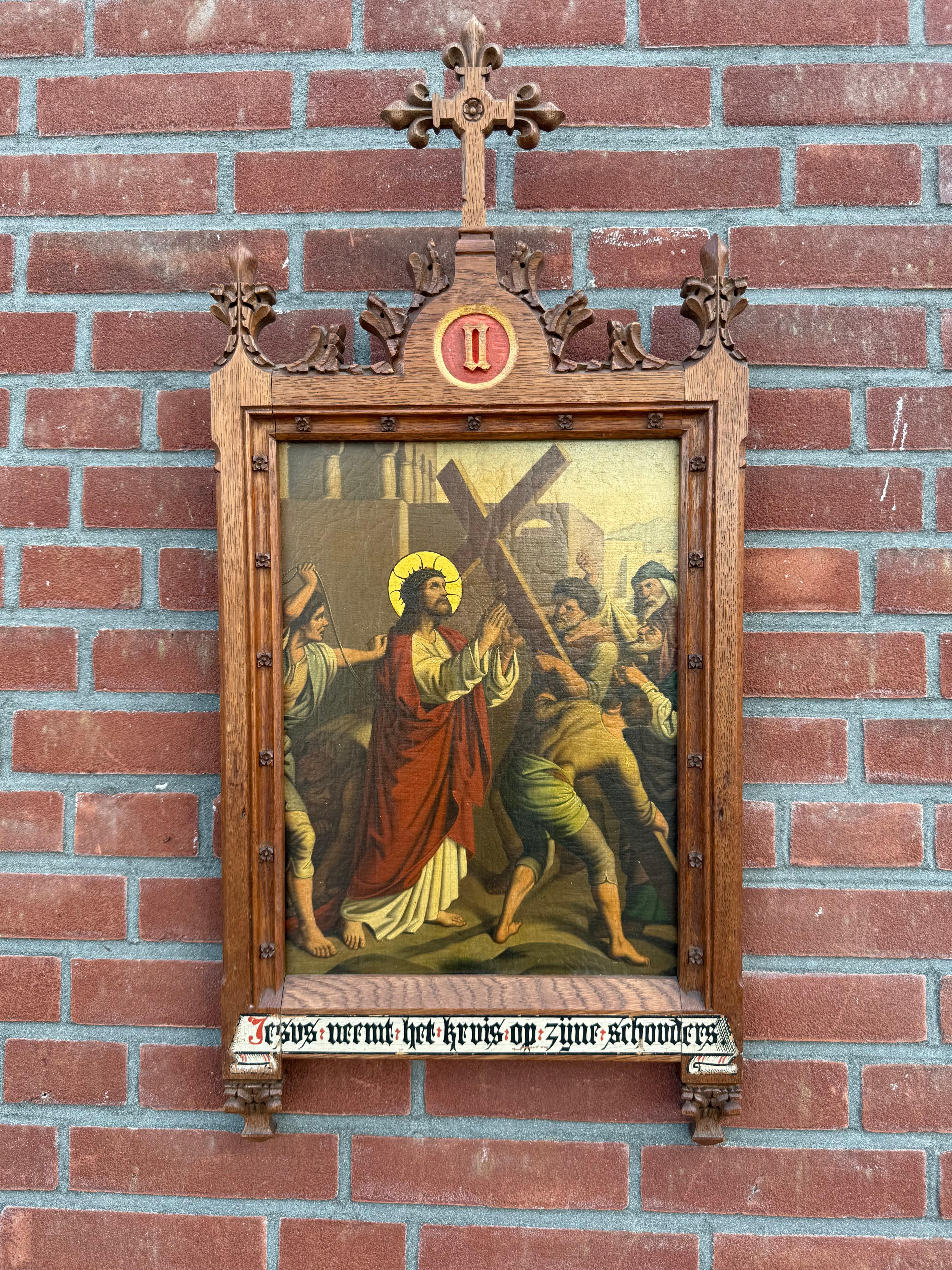 Une autre œuvre d'art religieux peinte à la main à l'huile sur toile.

Cette peinture à l'huile ancienne a d'abord été peinte à la main sur une toile, puis montée sur une plaque de zinc... une méthode traditionnelle utilisée pour préserver l'œuvre
