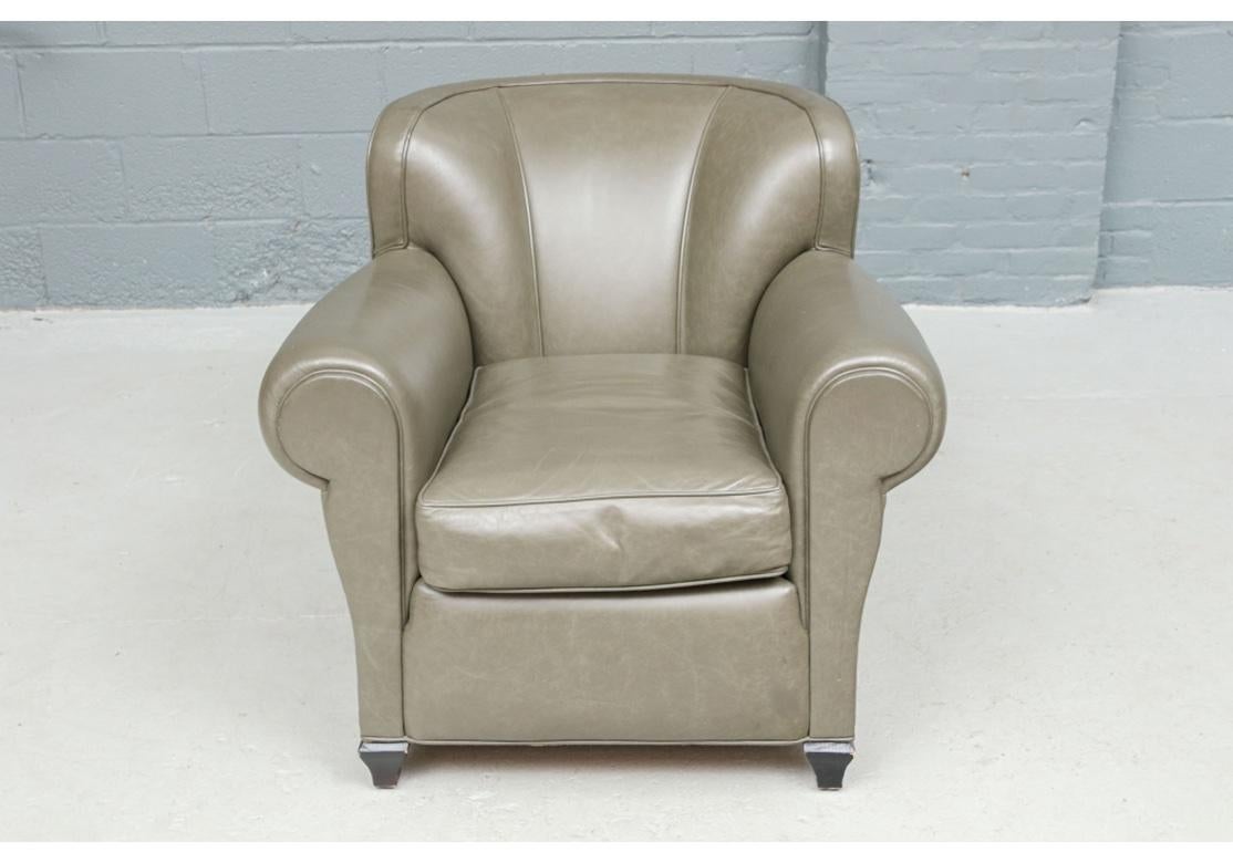 Fine Grange Olive Gray Leather Club Chair And Matching Ottoman In Fair Condition For Sale In Bridgeport, CT