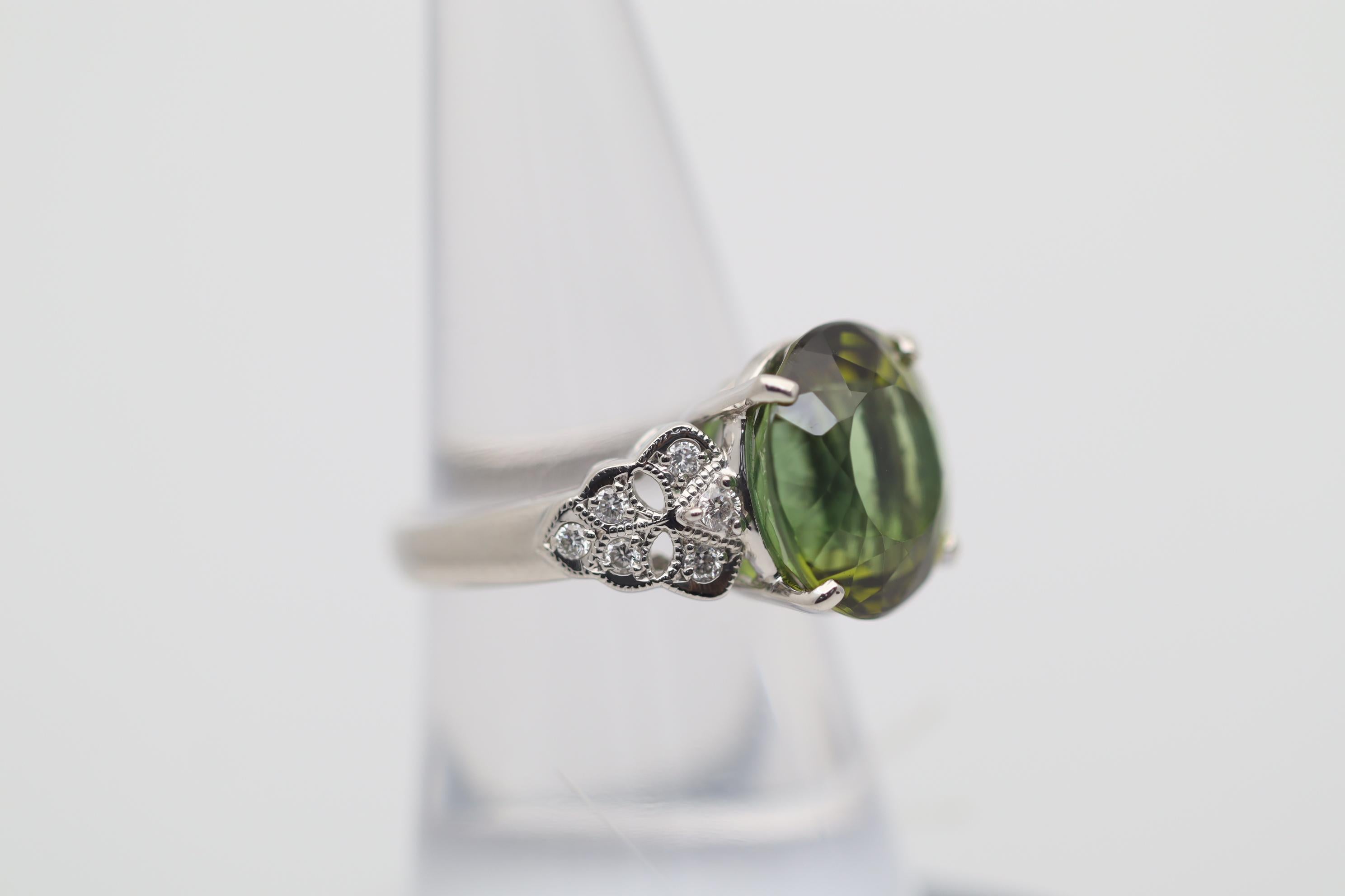 Oval Cut Fine Green Tourmaline Diamond Platinum Ring For Sale