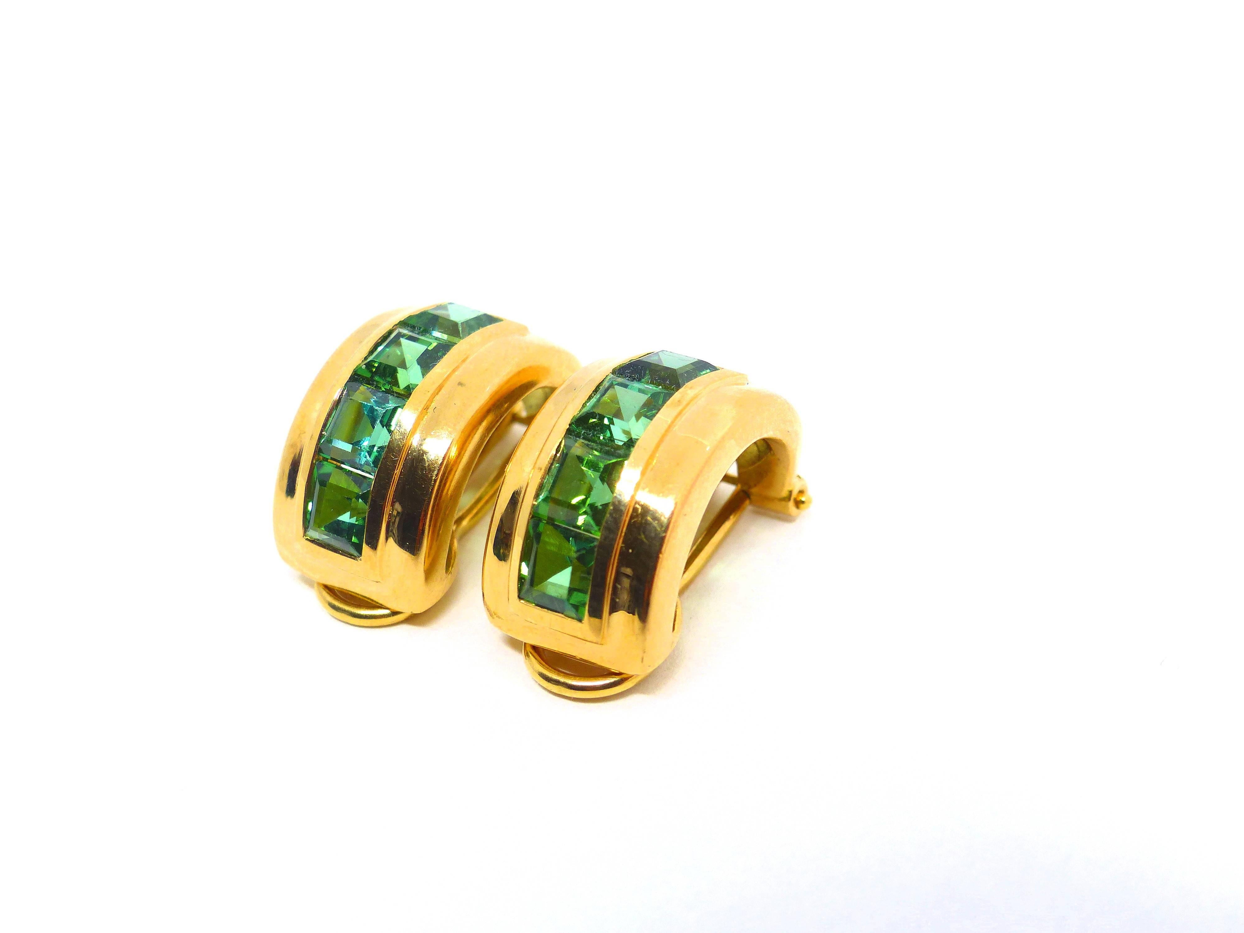 Contemporary Fine Green Tourmalines 18K Gold Earrings For Sale