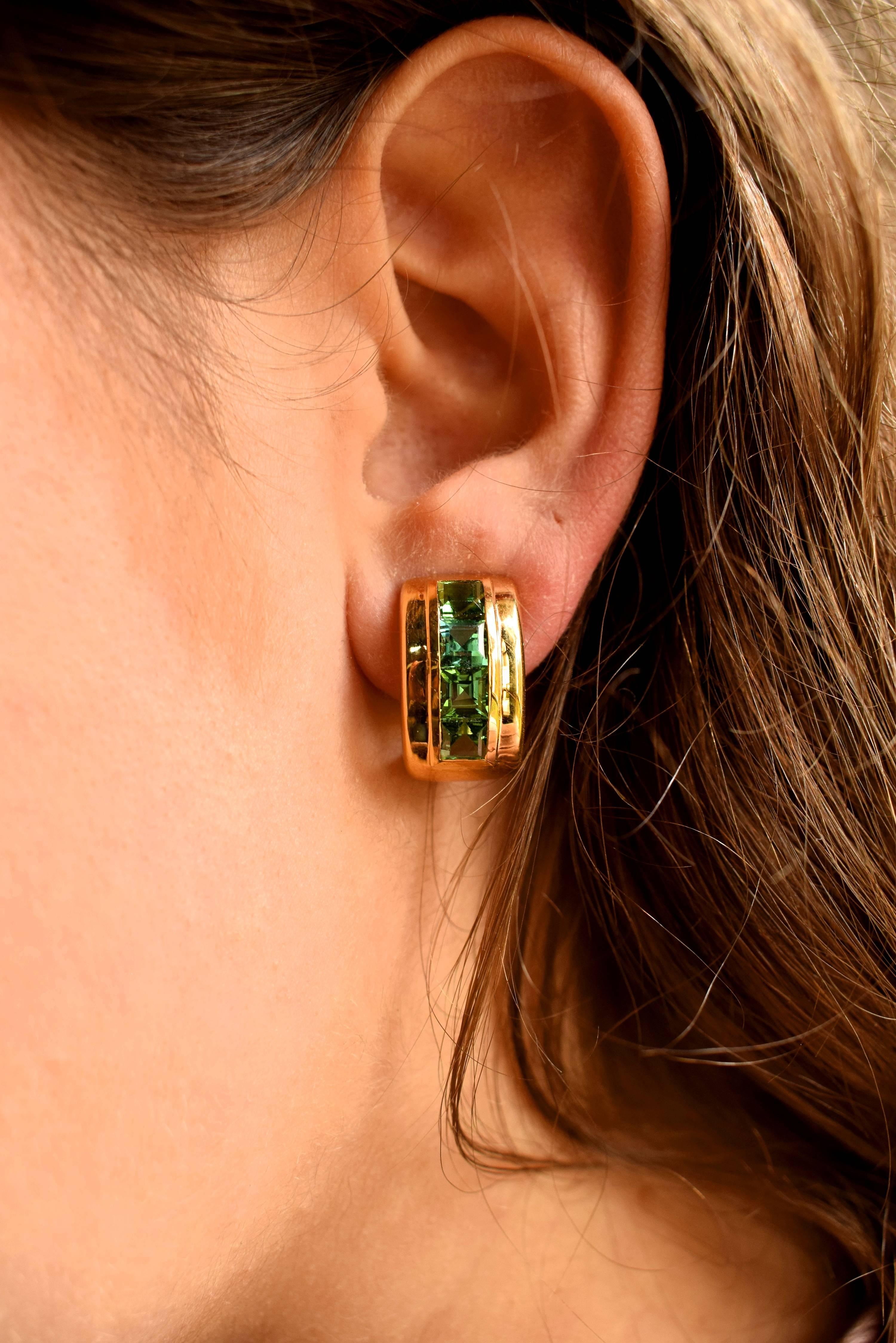 Women's Fine Green Tourmalines 18K Gold Earrings For Sale