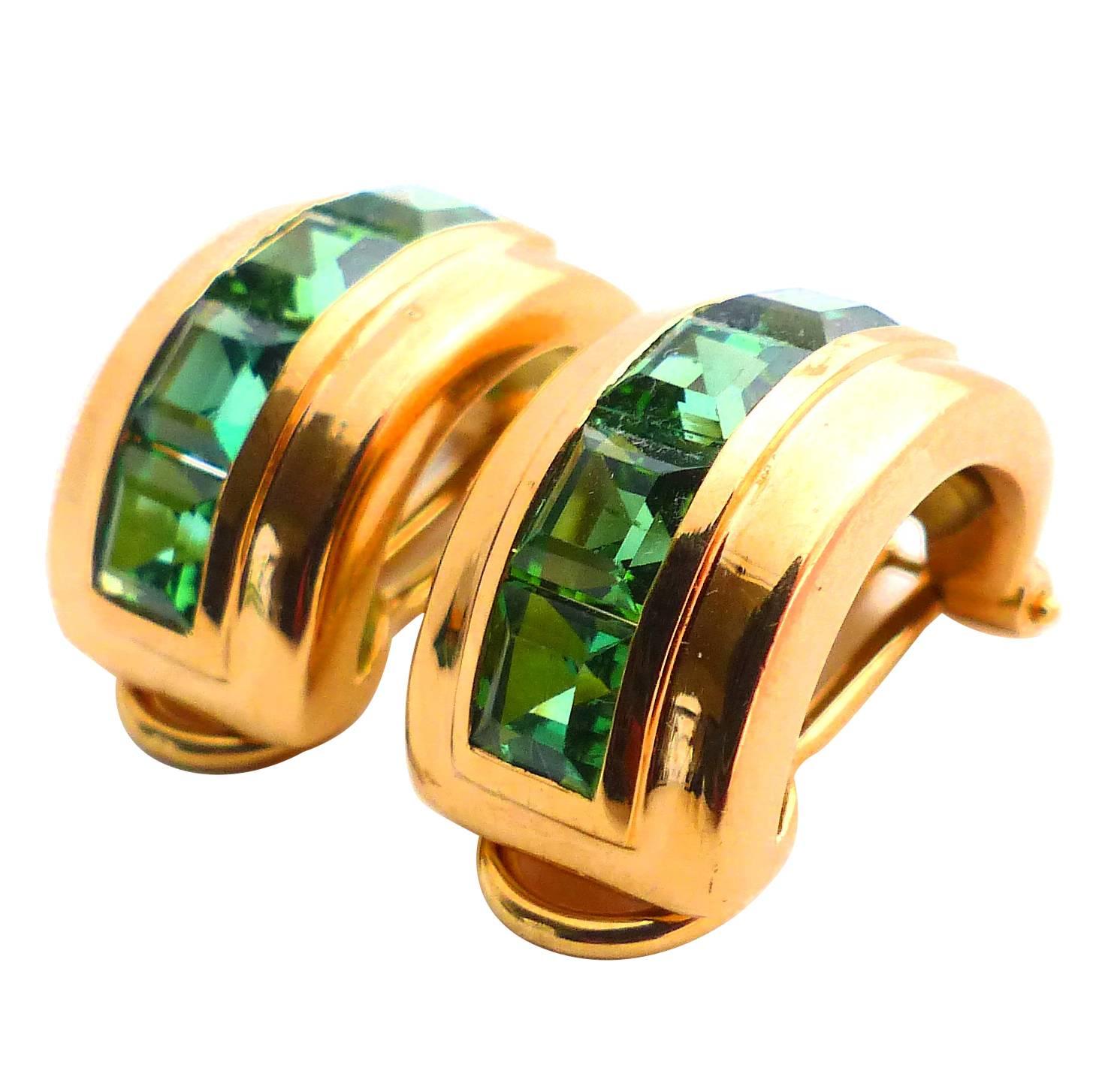 Fine Green Tourmalines 18K Gold Earrings For Sale