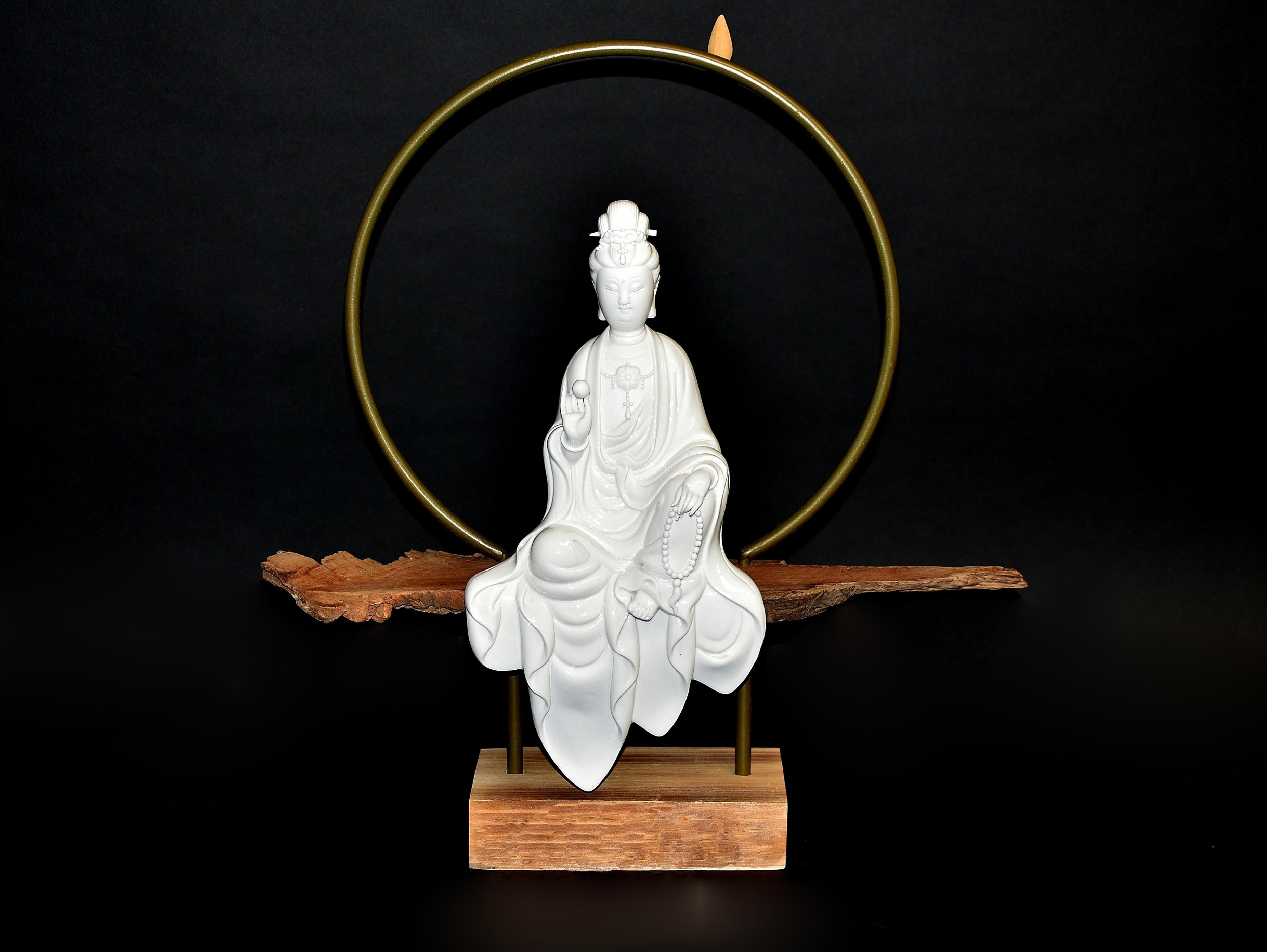 Contemporary Fine Guan Yin Reverse Censer Blanc De Chine De Hua Porcelain Set of 8 For Sale