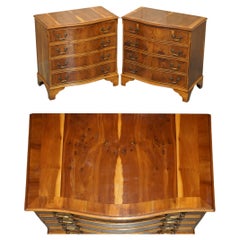 FINE HALLETT & SON'S PAIR OF BURL & BURR YEW WOOD SERPENTINE CHEST OF DRAWERs