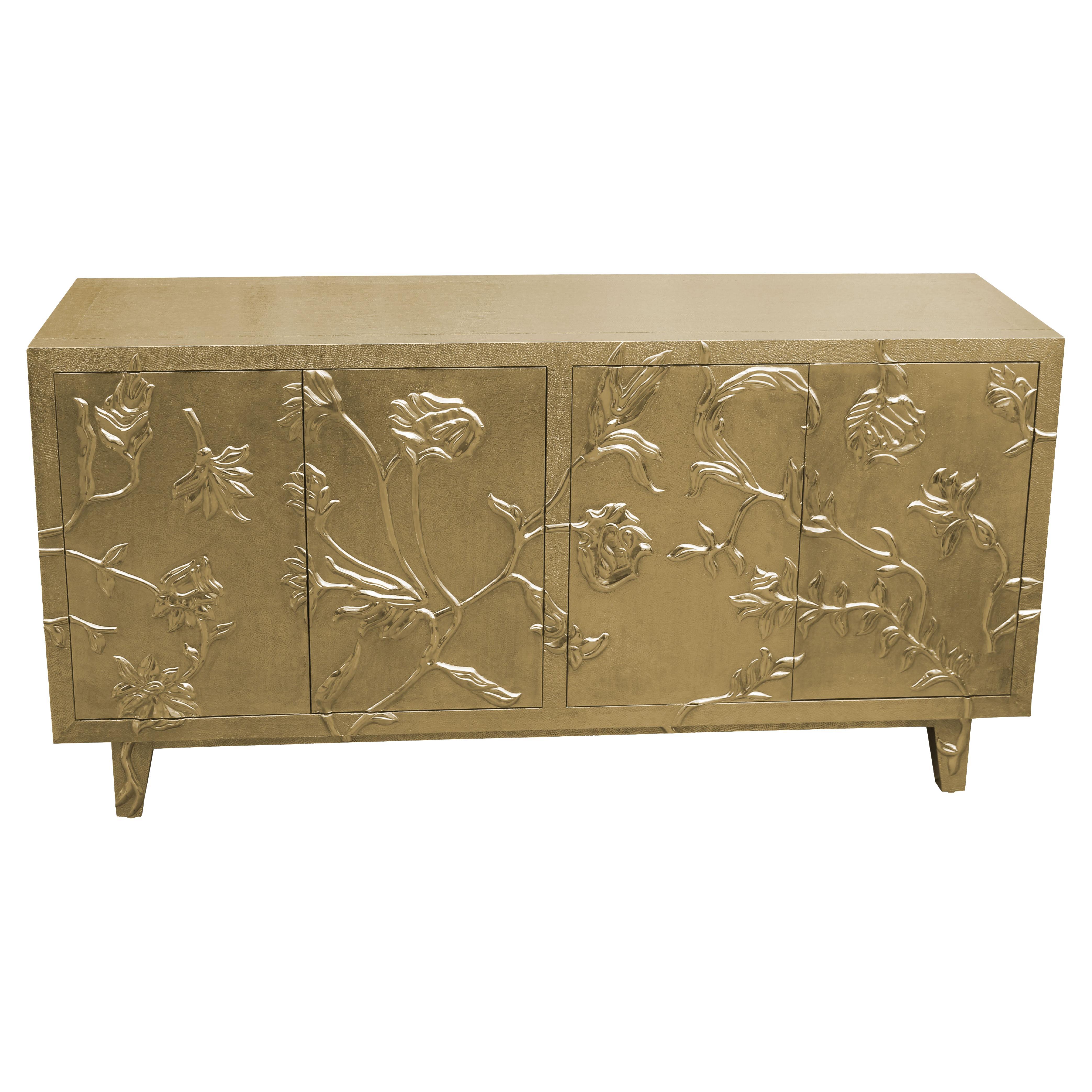 Fine Hammered Brass Biophilic Floral Credenza – Handmade Carved Metal Cabinet